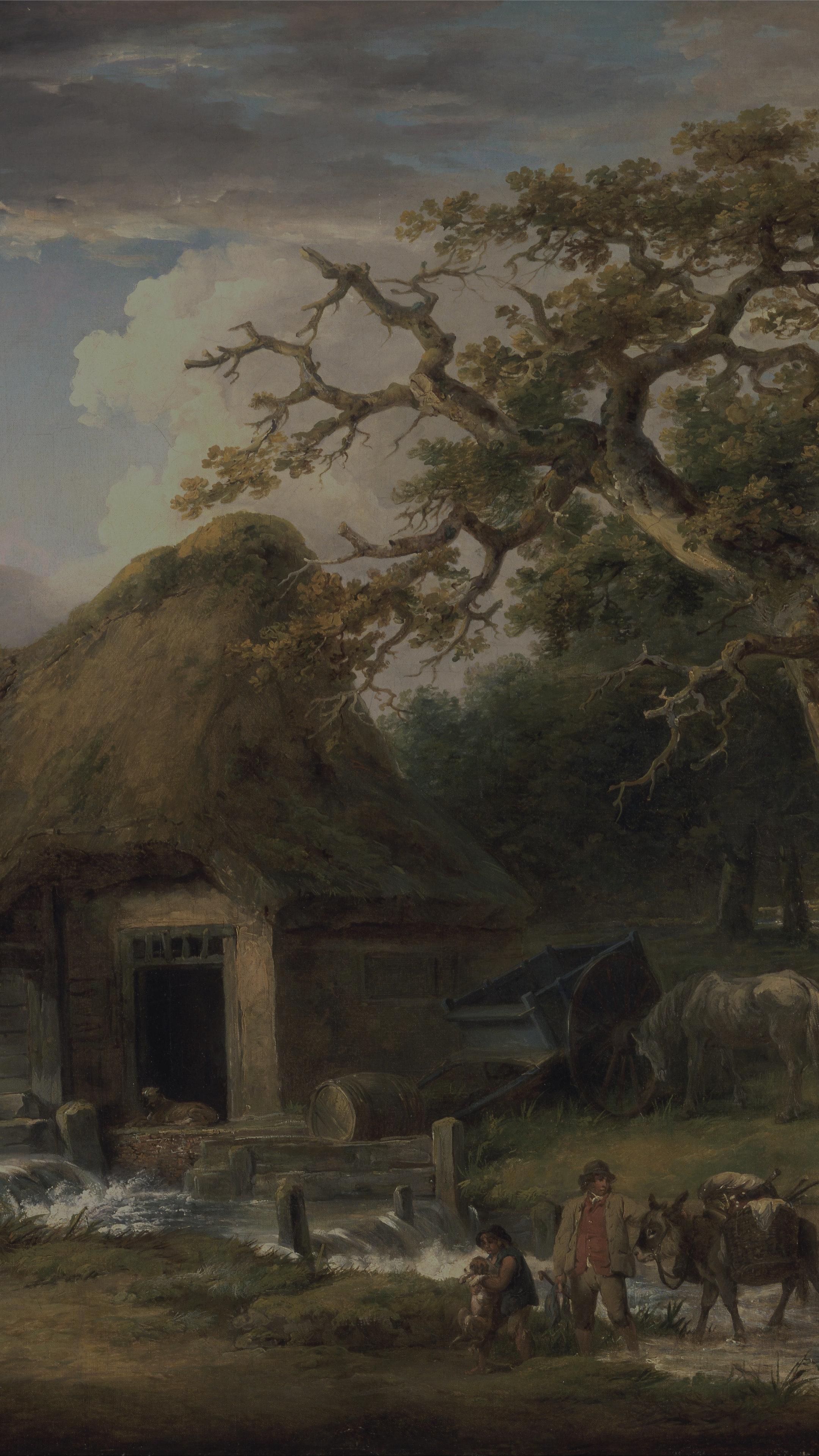 Vertical iPhone background from a painting: thatched mill under a great oak with figures and animals in the yard under broken cloud