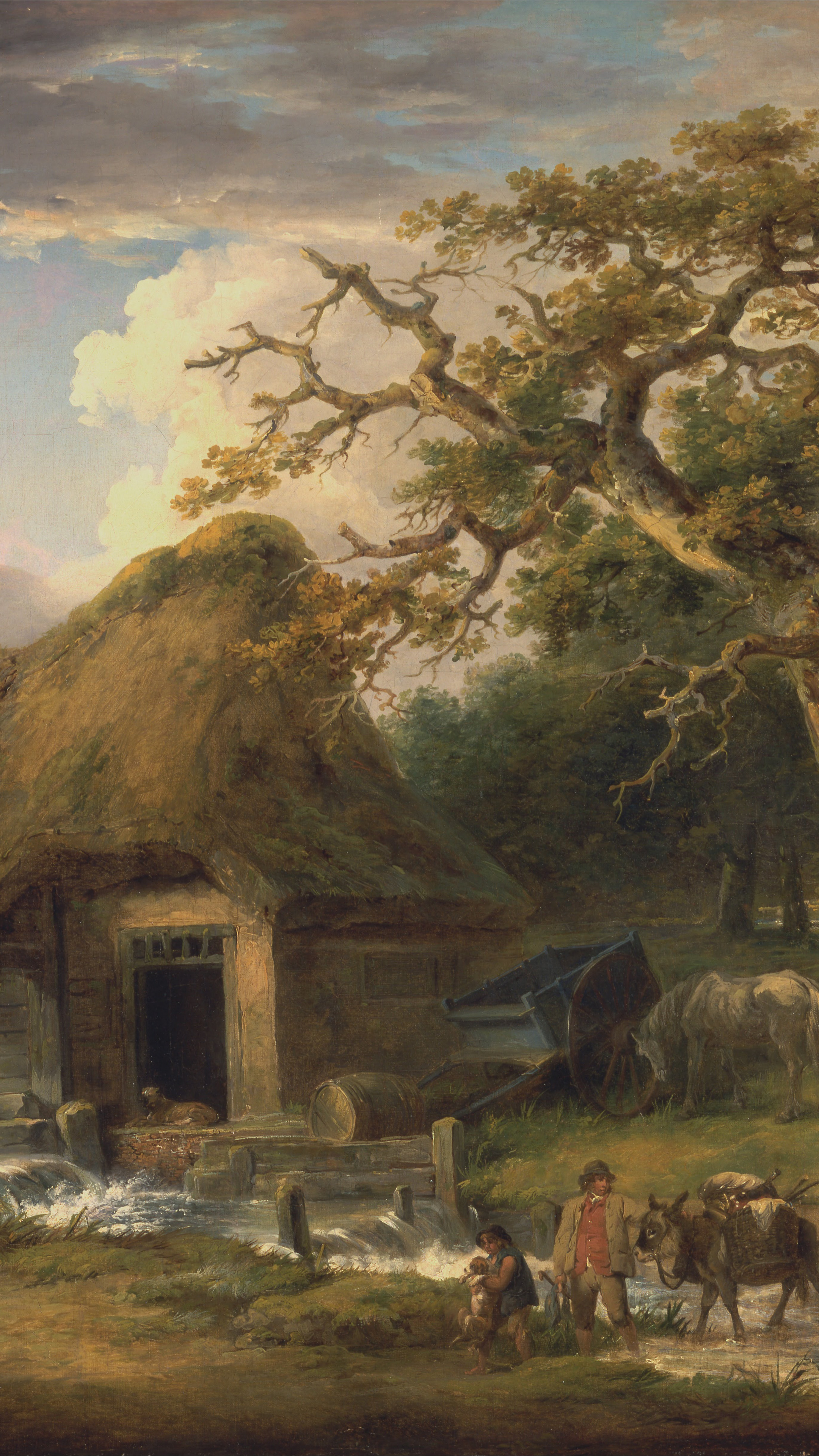 Vertical iPhone background from a painting: thatched mill under a great oak with figures and animals in the yard under broken cloud