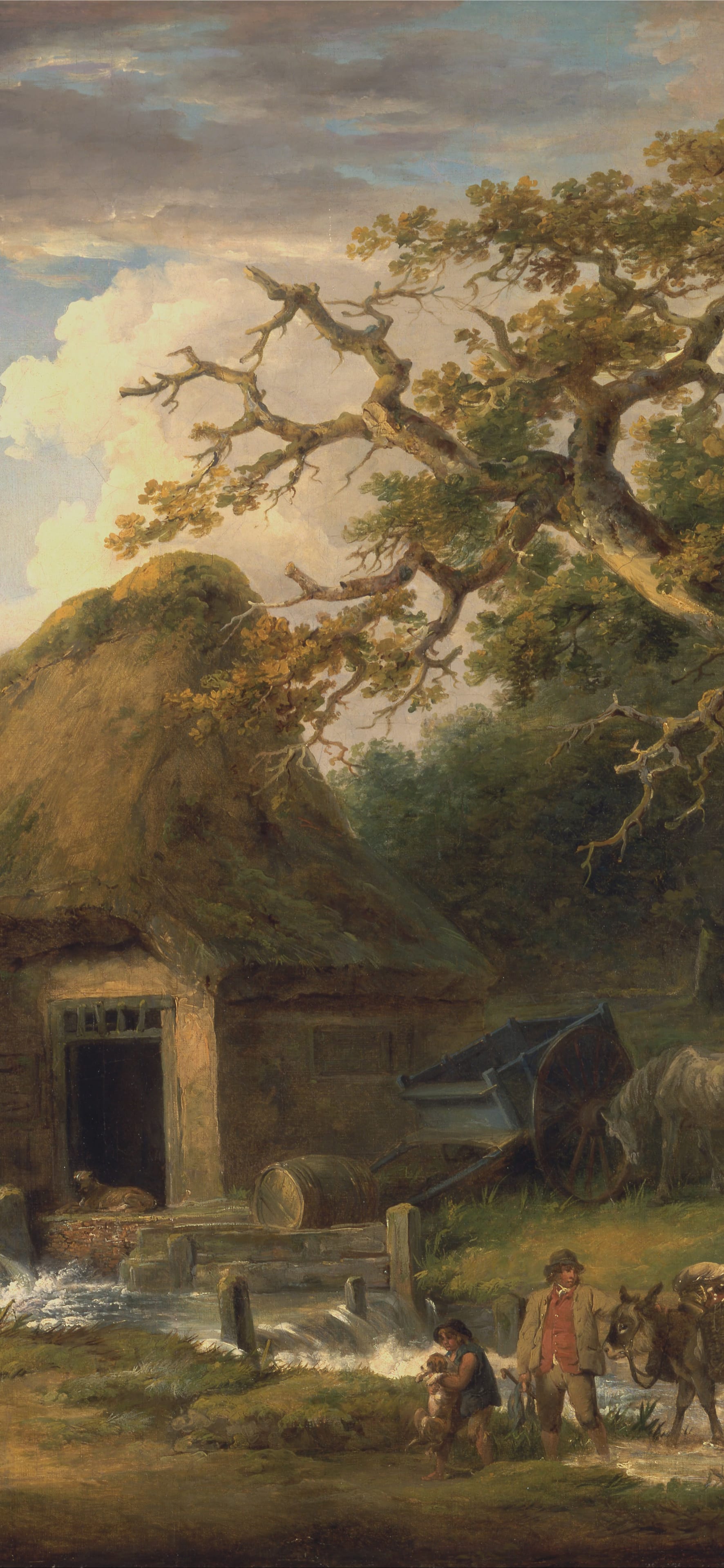 Vertical iPhone background from a painting: thatched mill under a great oak with figures and animals in the yard under broken cloud