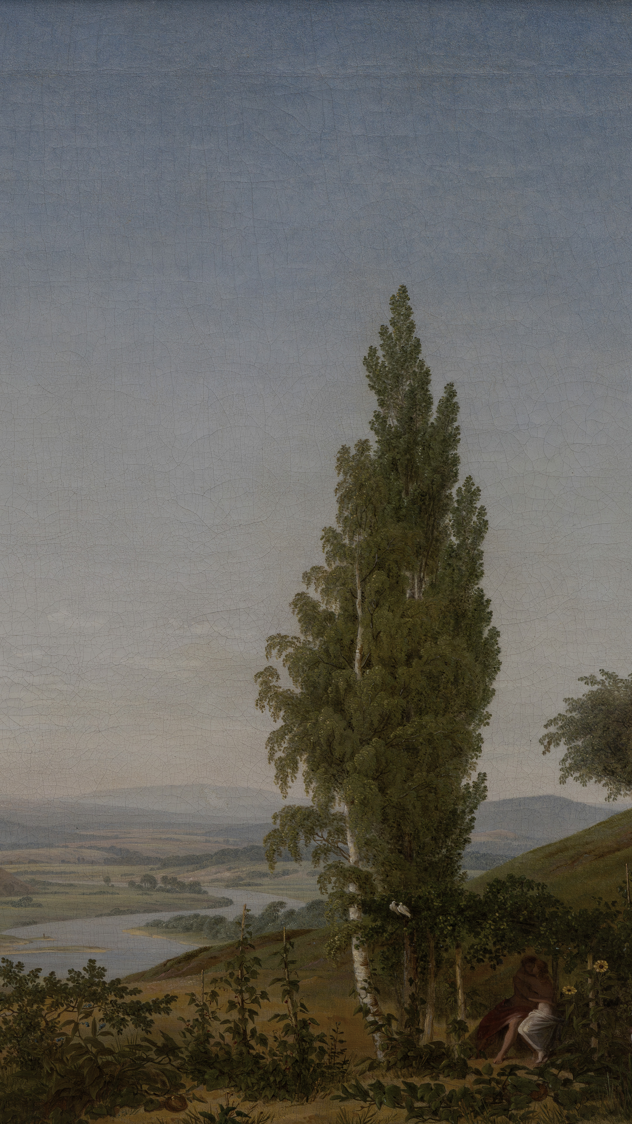Dark moody vertical iPhone background from a painting: wide green valley under a pale sky with a single tall poplar in the middle distance