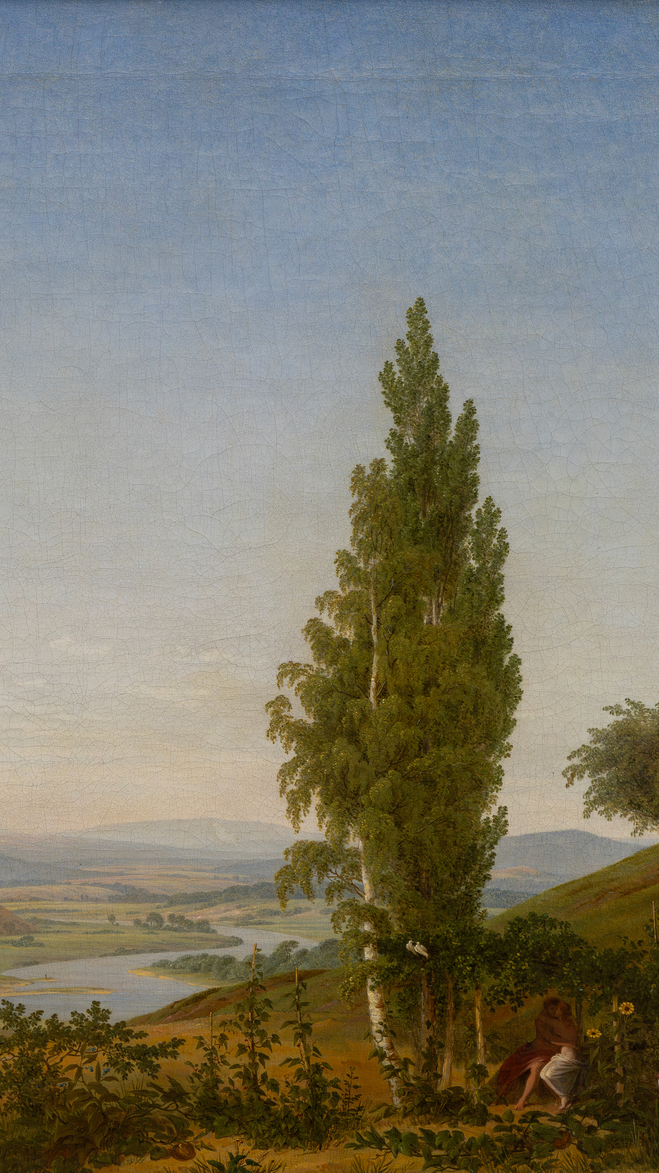 Dark moody vertical iPhone background from a painting: wide green valley under a pale sky with a single tall poplar in the middle distance