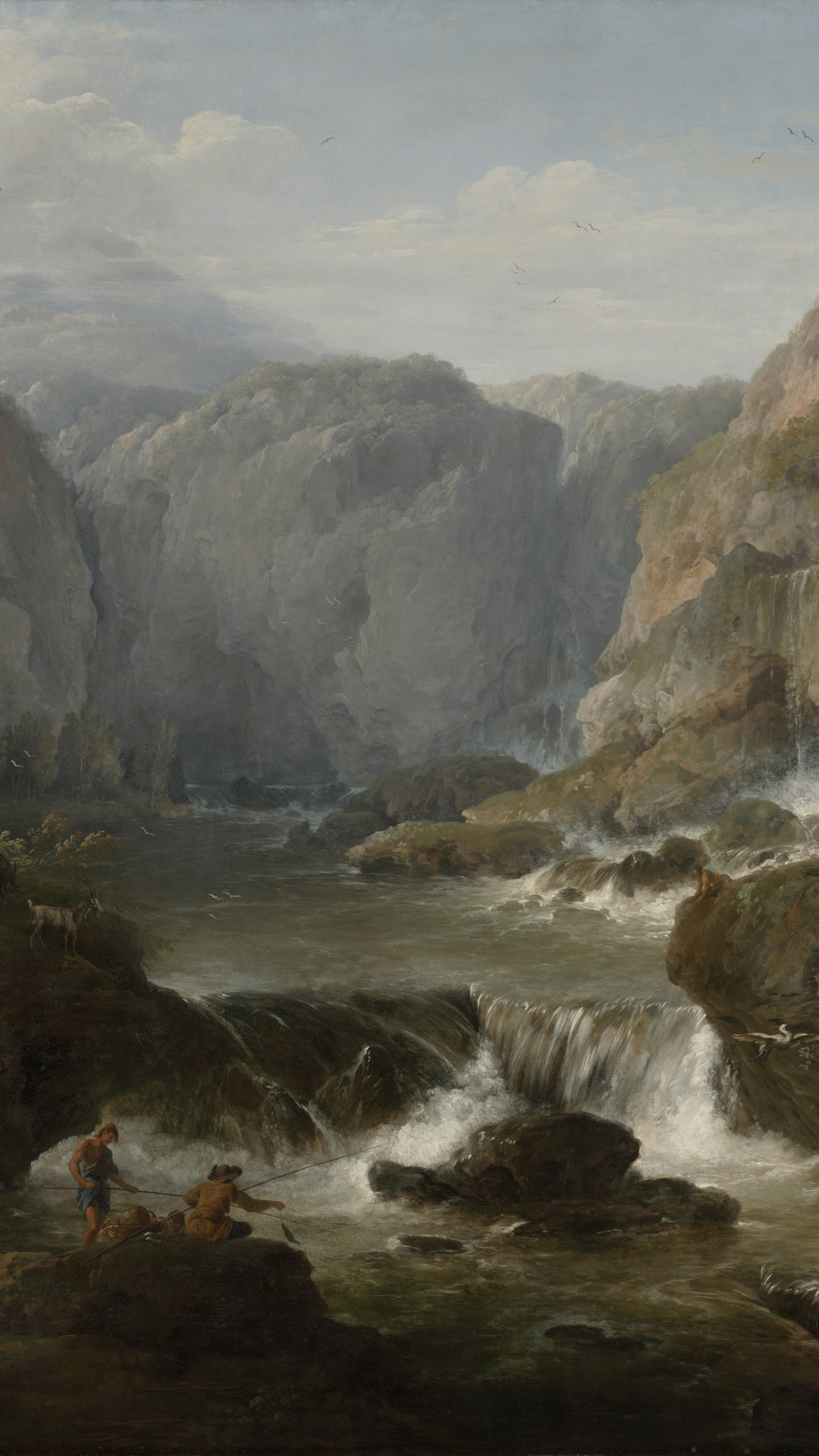 Dark academia vertical iPhone background from a painting: cascading waterfalls through a rocky gorge, dark green pool, figures fishing on the rocks, ancient ruins and cypresses crowning the clifftop