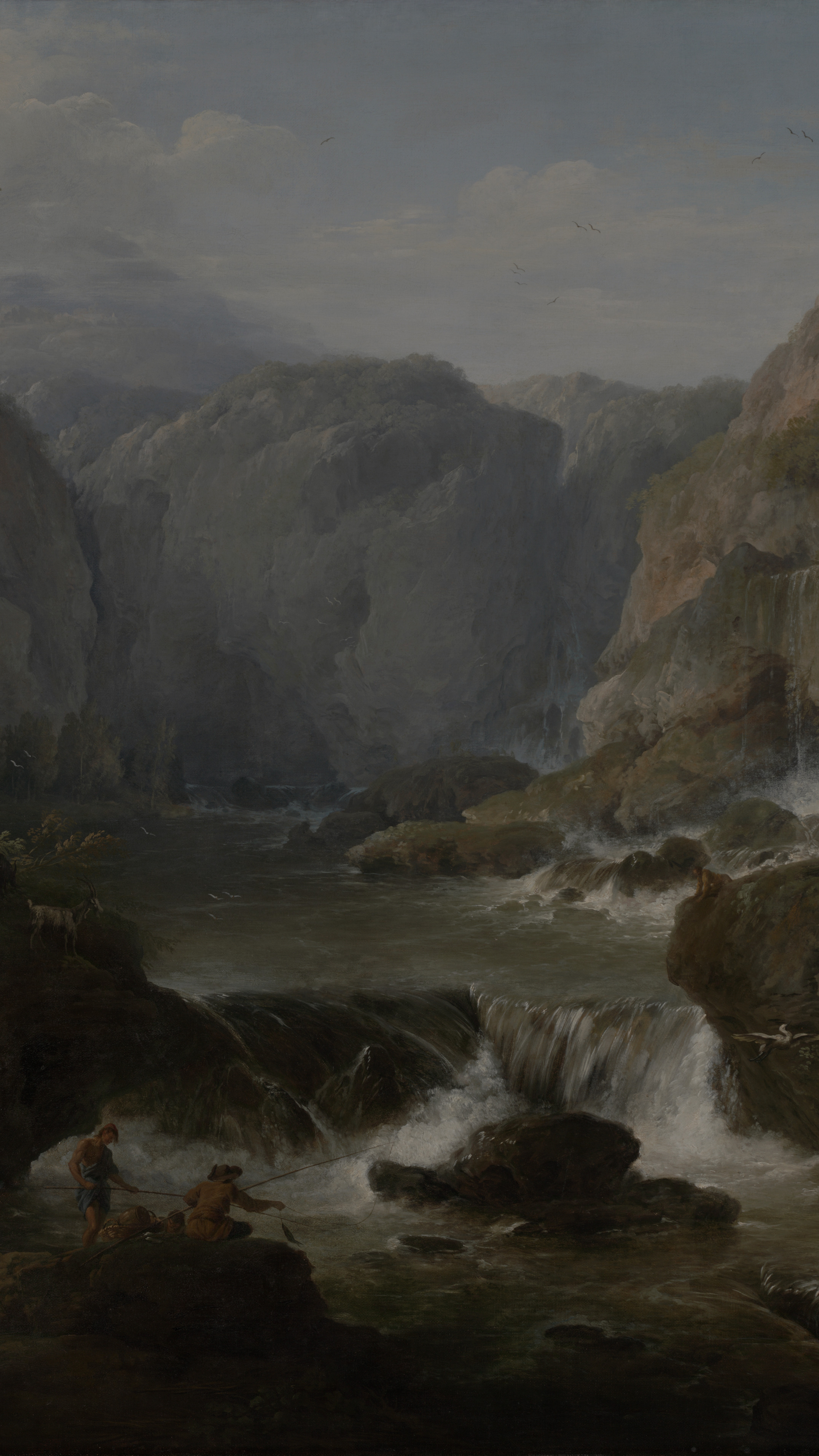 Dark academia vertical iPhone background from a painting: cascading waterfalls through a rocky gorge, dark green pool, figures fishing on the rocks, ancient ruins and cypresses crowning the clifftop