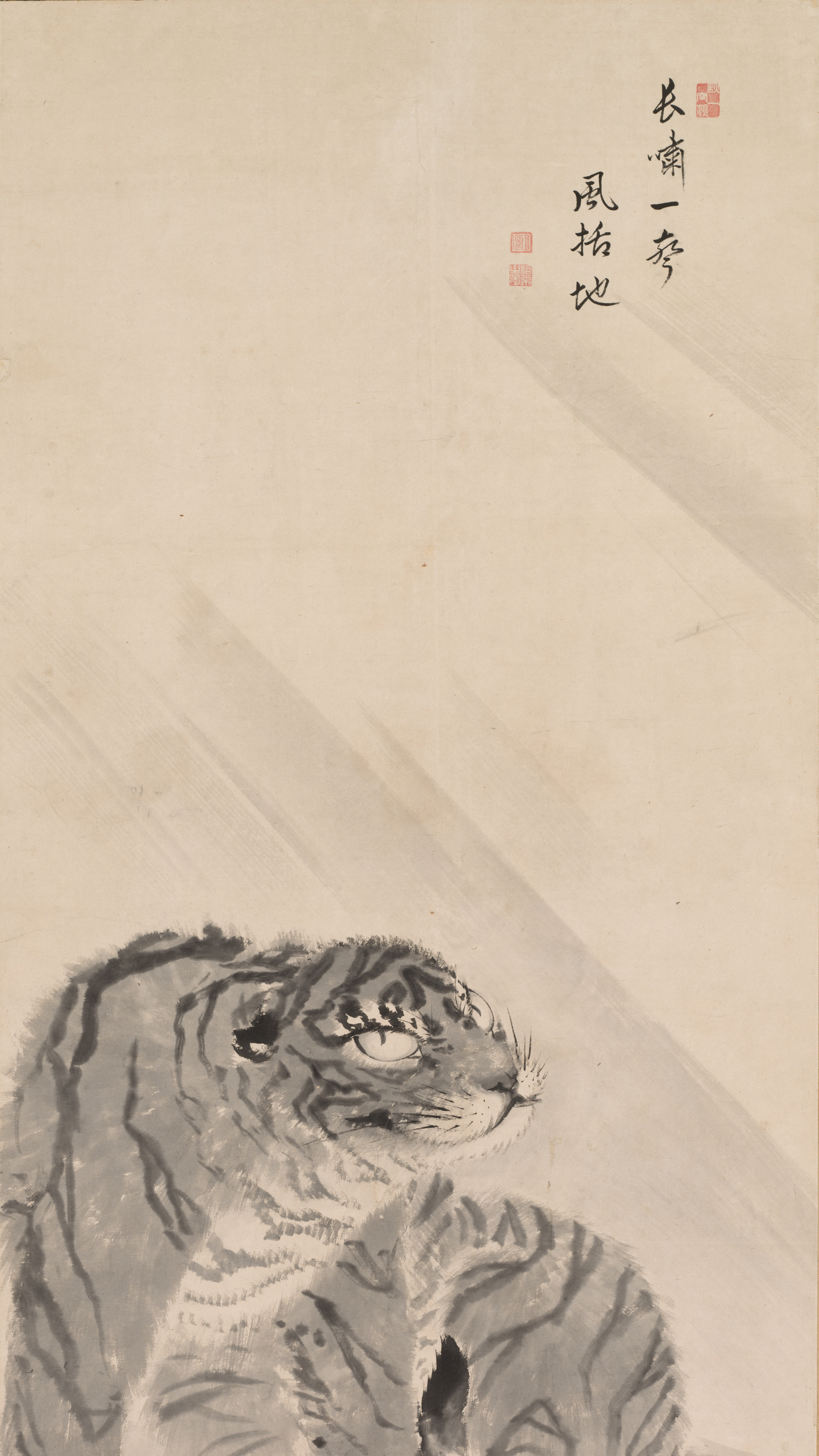 Vertical iPhone background from a painting: Japanese ink scroll of a crouching tiger in grey-black brushwork on cream silk, diagonal wind streaks, calligraphy and red seals above