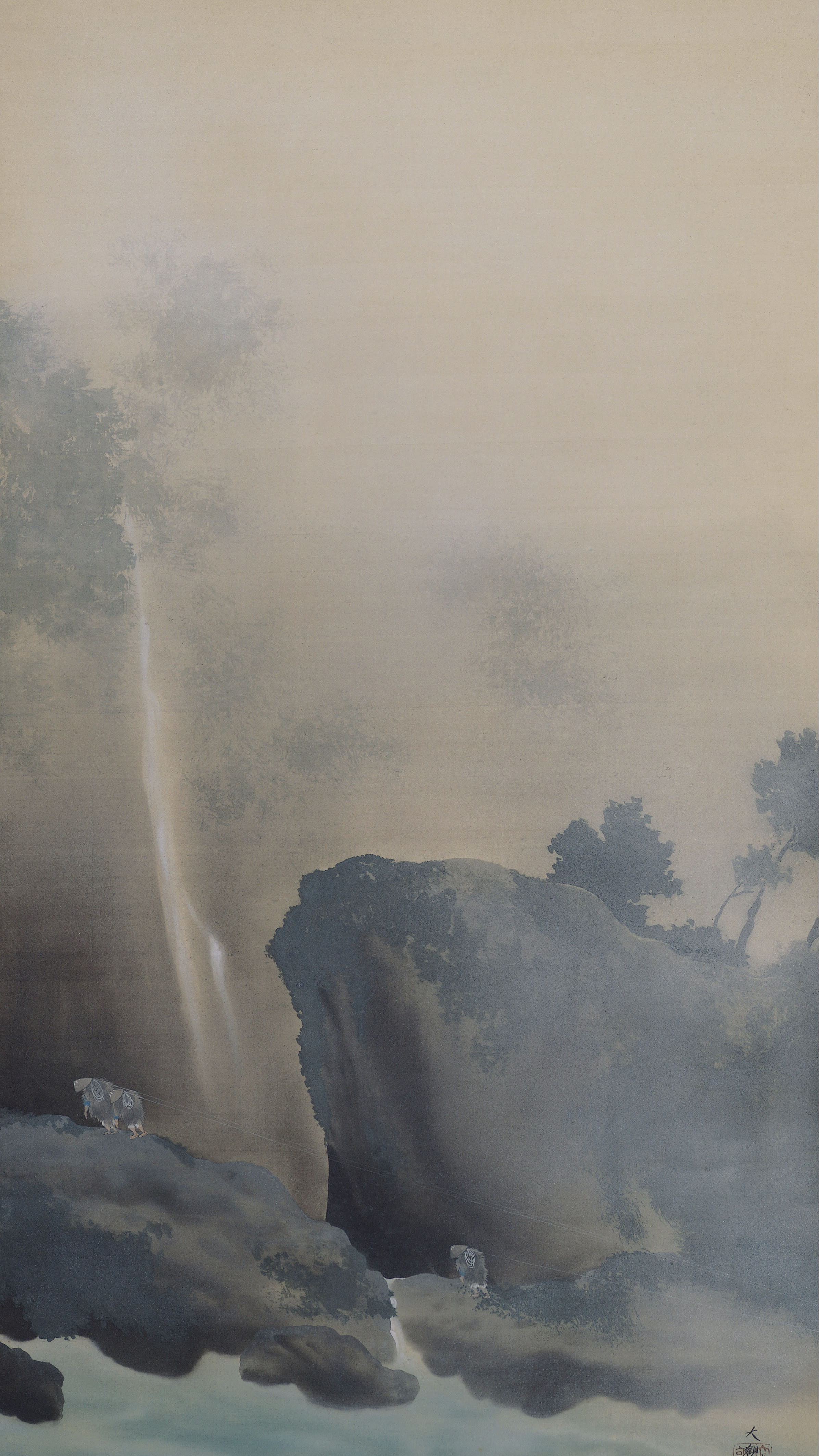 Vertical iPhone background from a Japanese painting: a pale waterfall dropping through heavy mist into a dark gorge, wooded rock stacks standing in silhouette, two small white-clad figures on a ledge hauling a tow rope over the water below