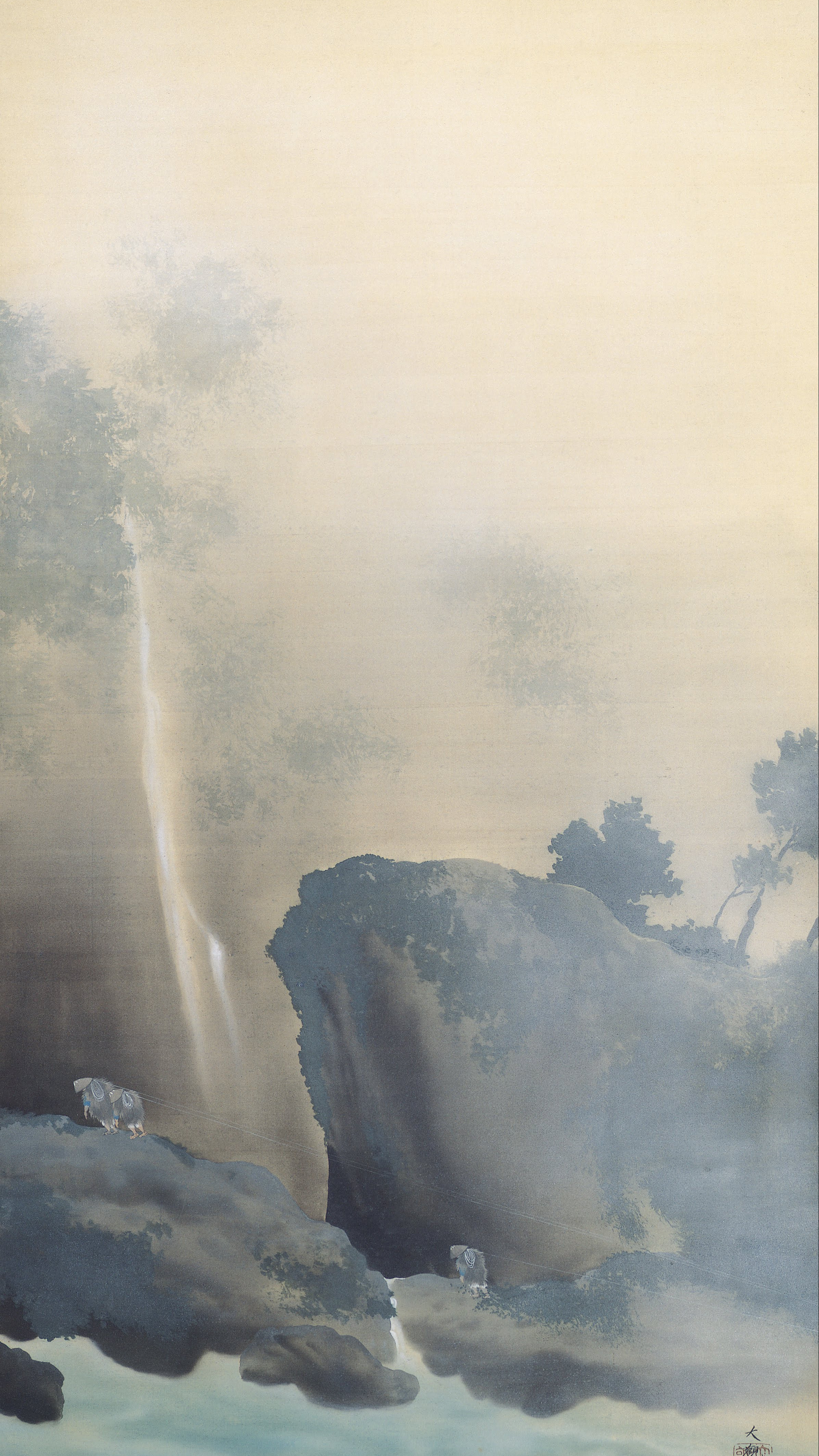 Vertical iPhone background from a Japanese painting: a pale waterfall dropping through heavy mist into a dark gorge, wooded rock stacks standing in silhouette, two small white-clad figures on a ledge hauling a tow rope over the water below