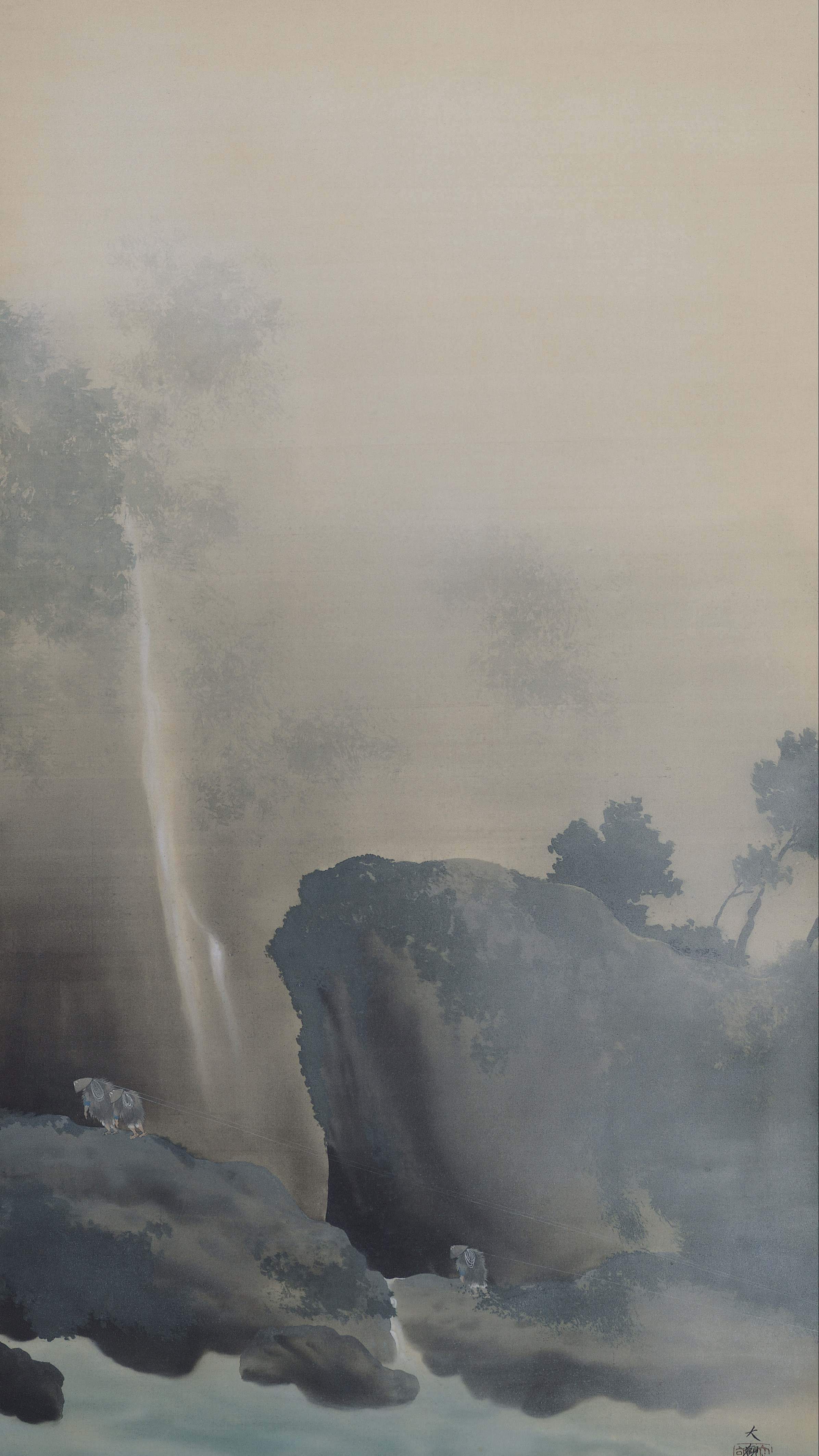 Vertical iPhone background from a Japanese painting: a pale waterfall dropping through heavy mist into a dark gorge, wooded rock stacks standing in silhouette, two small white-clad figures on a ledge hauling a tow rope over the water below