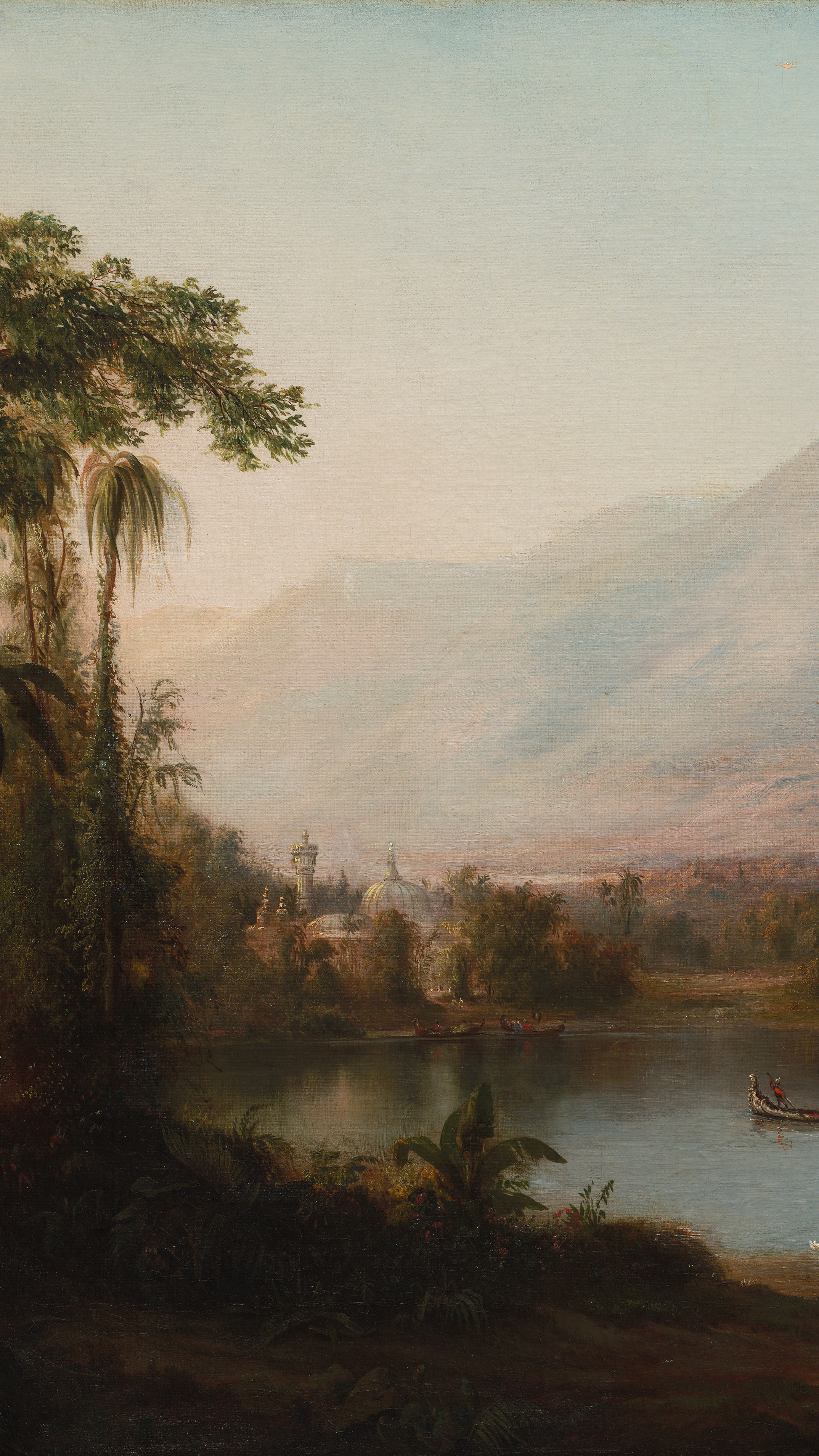 Vertical iPhone background from a painting: tropical river valley with palm trees, gondola on calm water, figures by a fountain, domed buildings and blue mountains in golden light