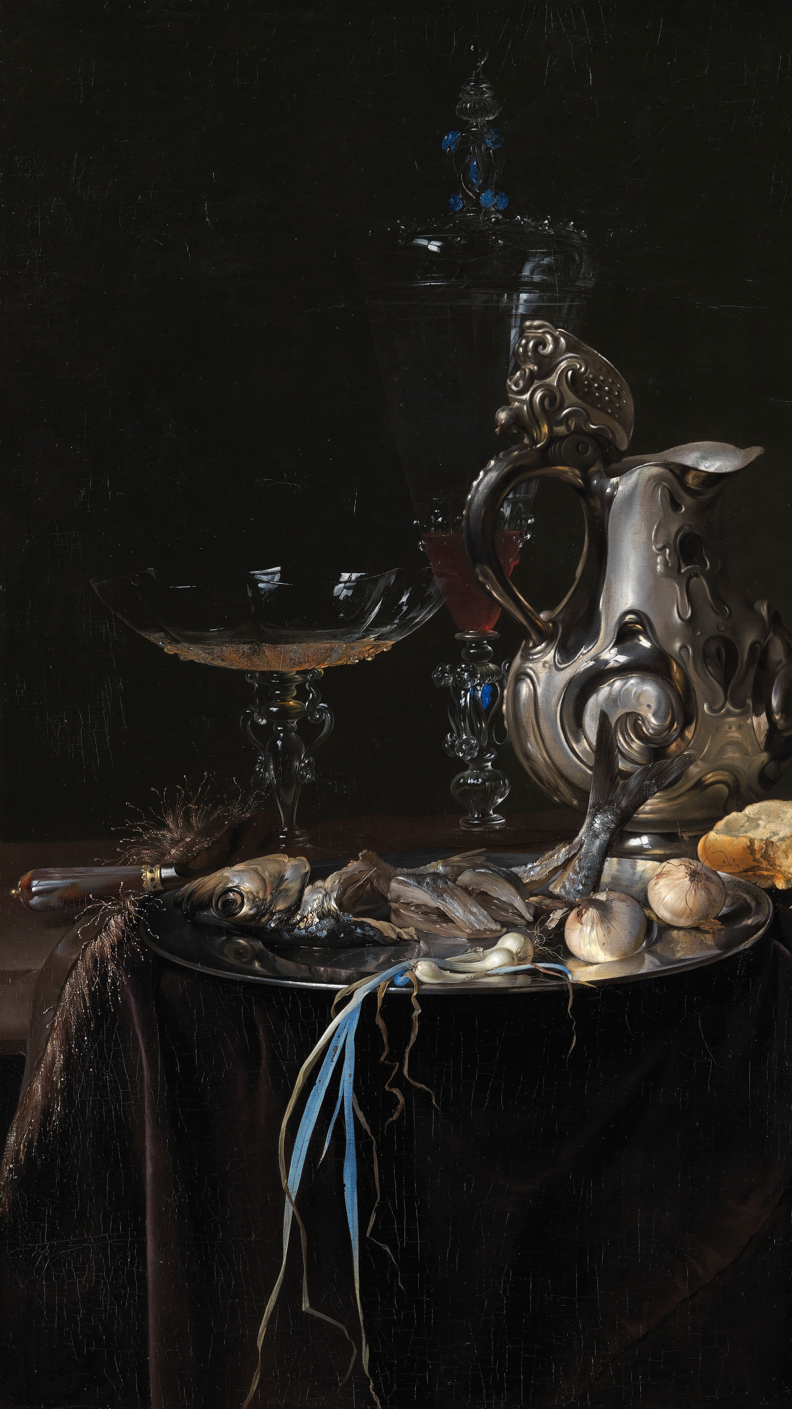 Dark academia vertical iPhone background from a painting: a tall silver jug and two wine glasses beside torn loaves of bread and a blue-and-white porcelain bowl of fruit on a dark cloth