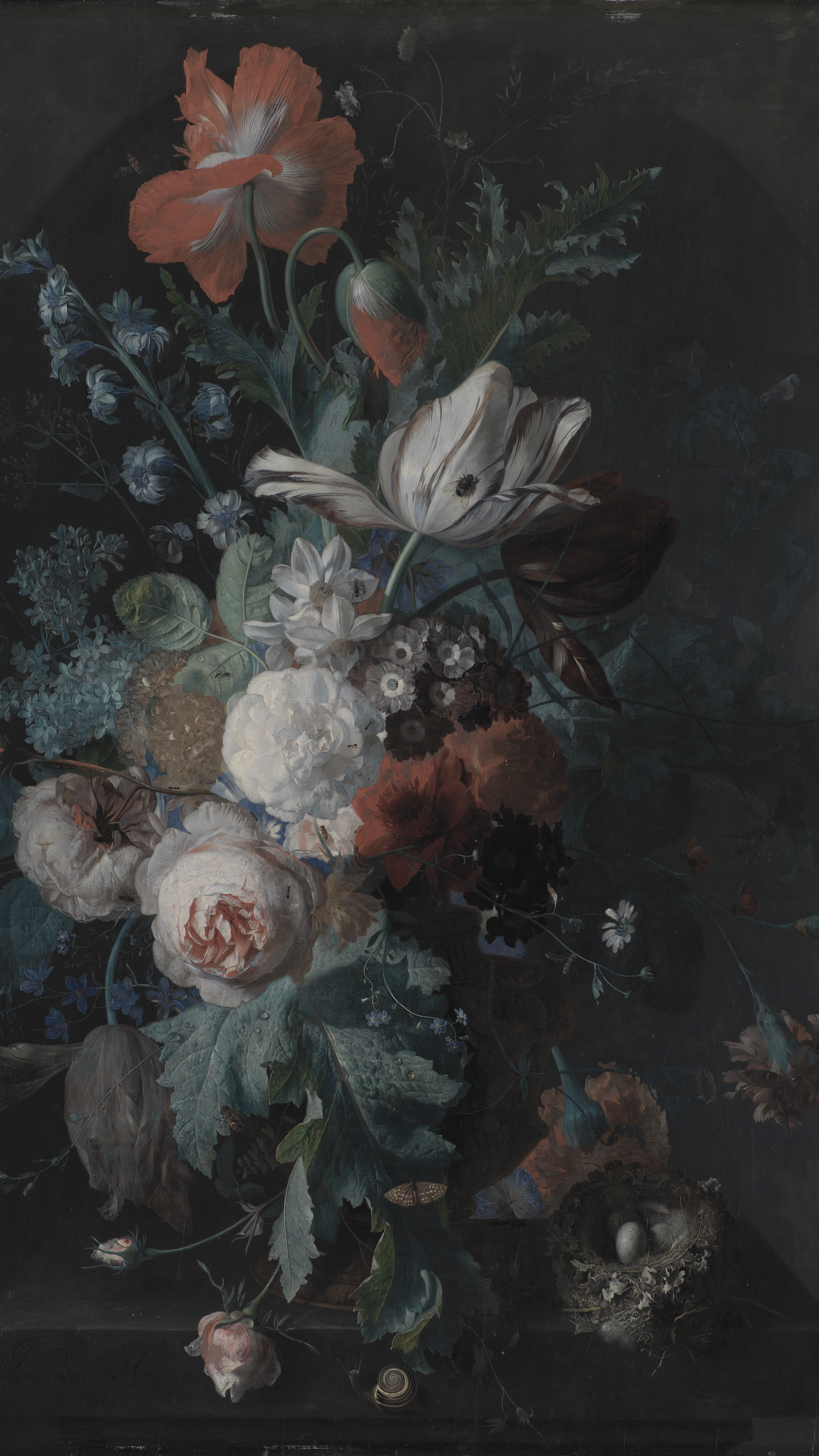 Dark academia vertical iPhone background from a painting: lush bouquet with red poppy, white striped tulip, pink roses and blue hyacinths in a dark niche, bird's nest with eggs at lower right