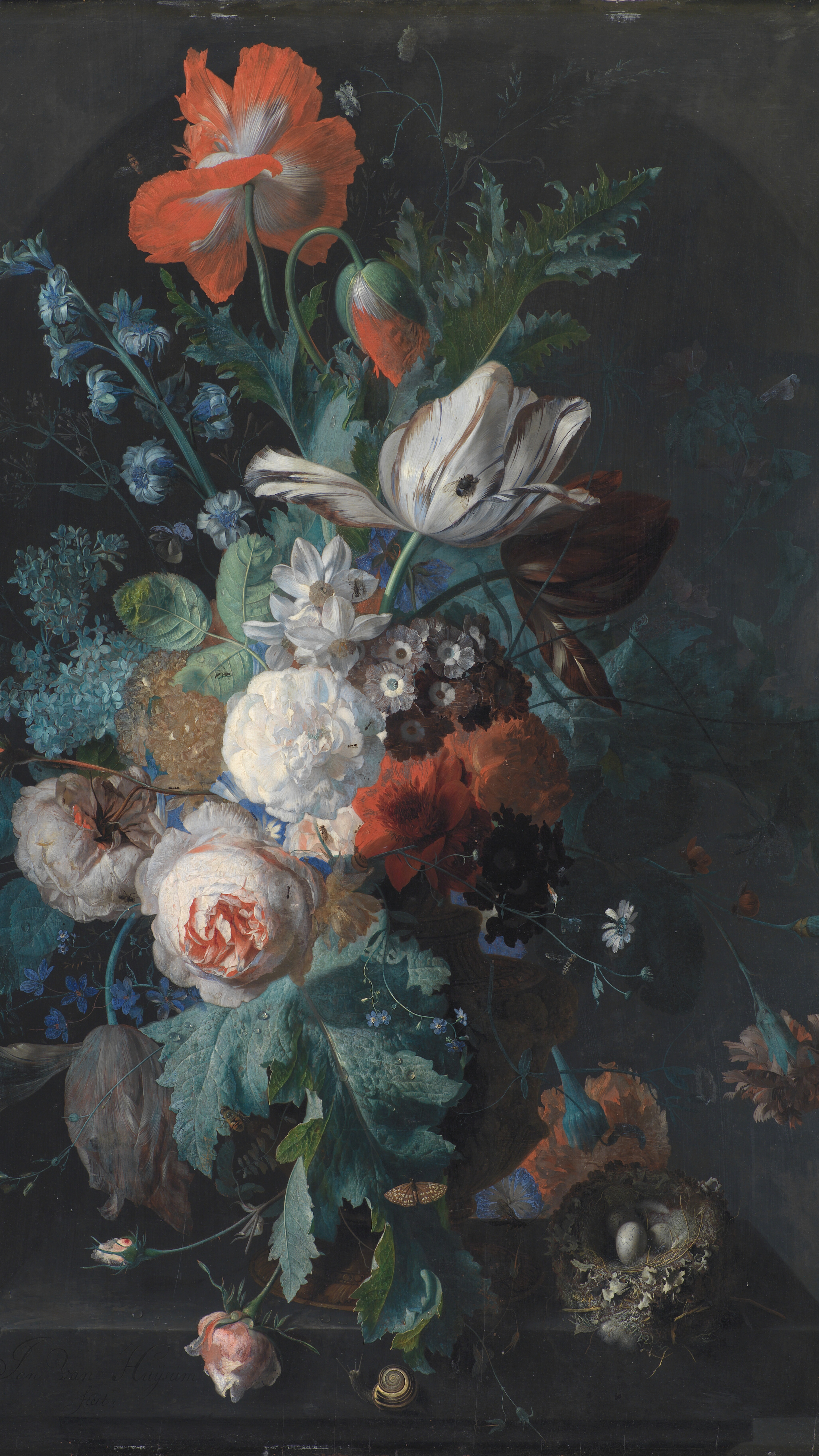 Dark academia vertical iPhone background from a painting: lush bouquet with red poppy, white striped tulip, pink roses and blue hyacinths in a dark niche, bird's nest with eggs at lower right