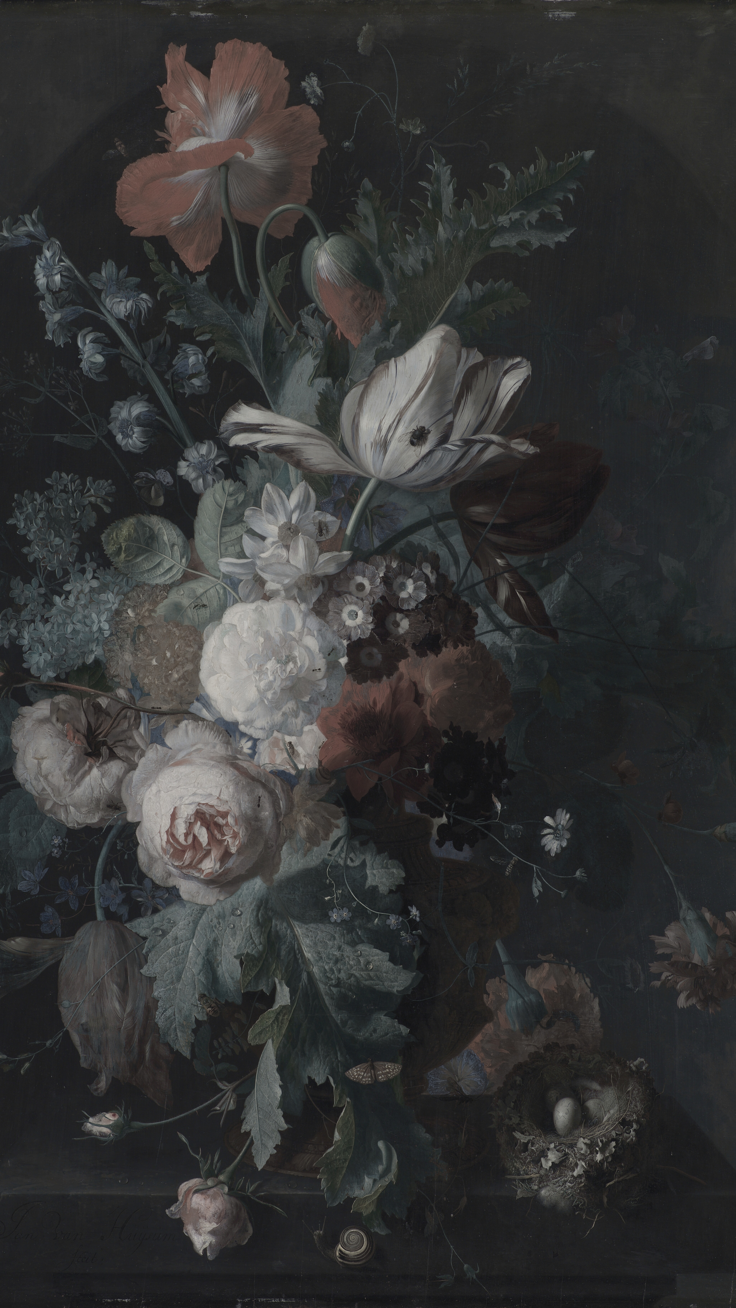 Dark academia vertical iPhone background from a painting: lush bouquet with red poppy, white striped tulip, pink roses and blue hyacinths in a dark niche, bird's nest with eggs at lower right
