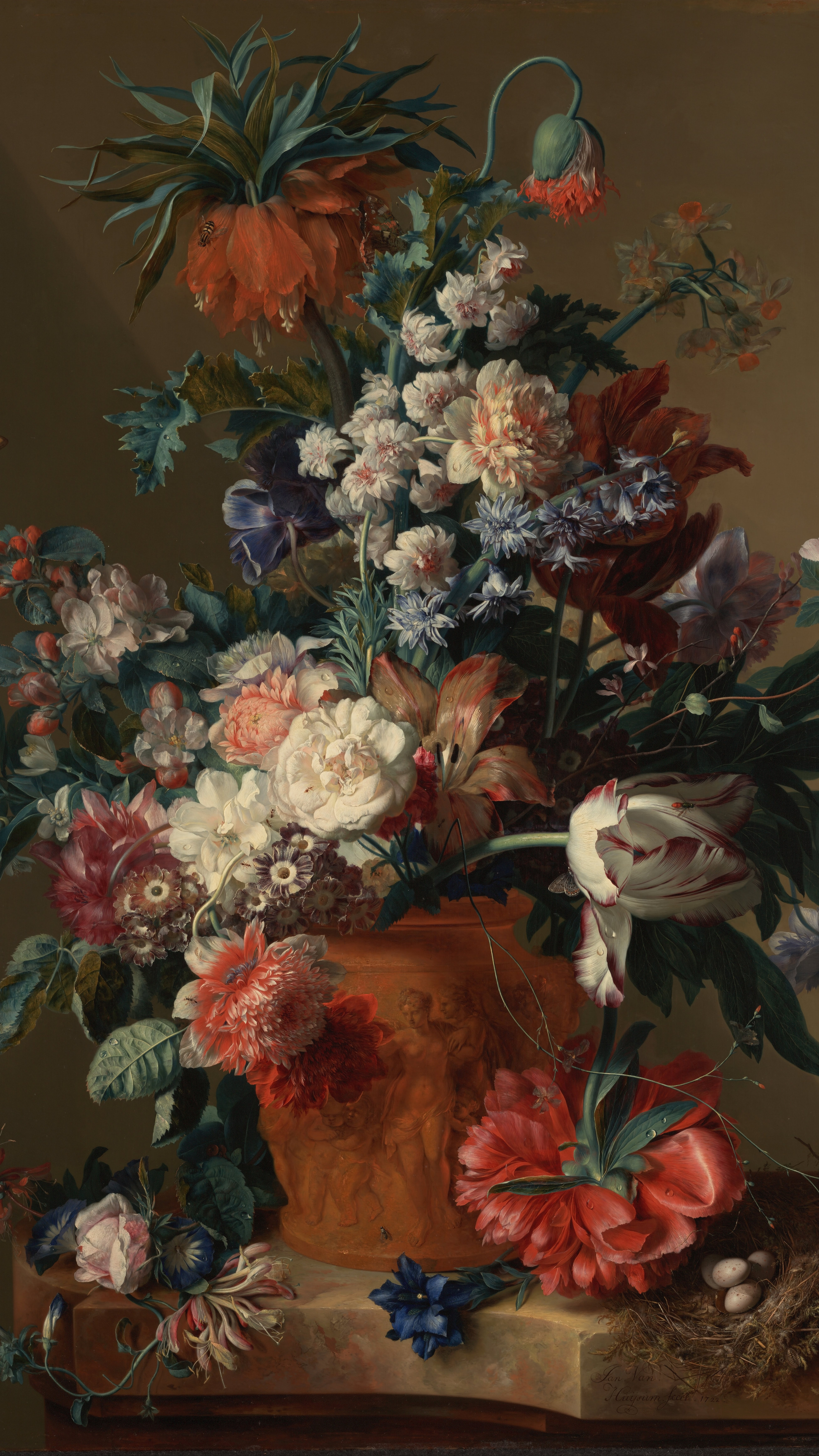 Dark academia vertical iPhone background from a painting: tall bouquet in a terracotta urn on a stone ledge, pink peonies, white roses and blue iris against a warm olive ground