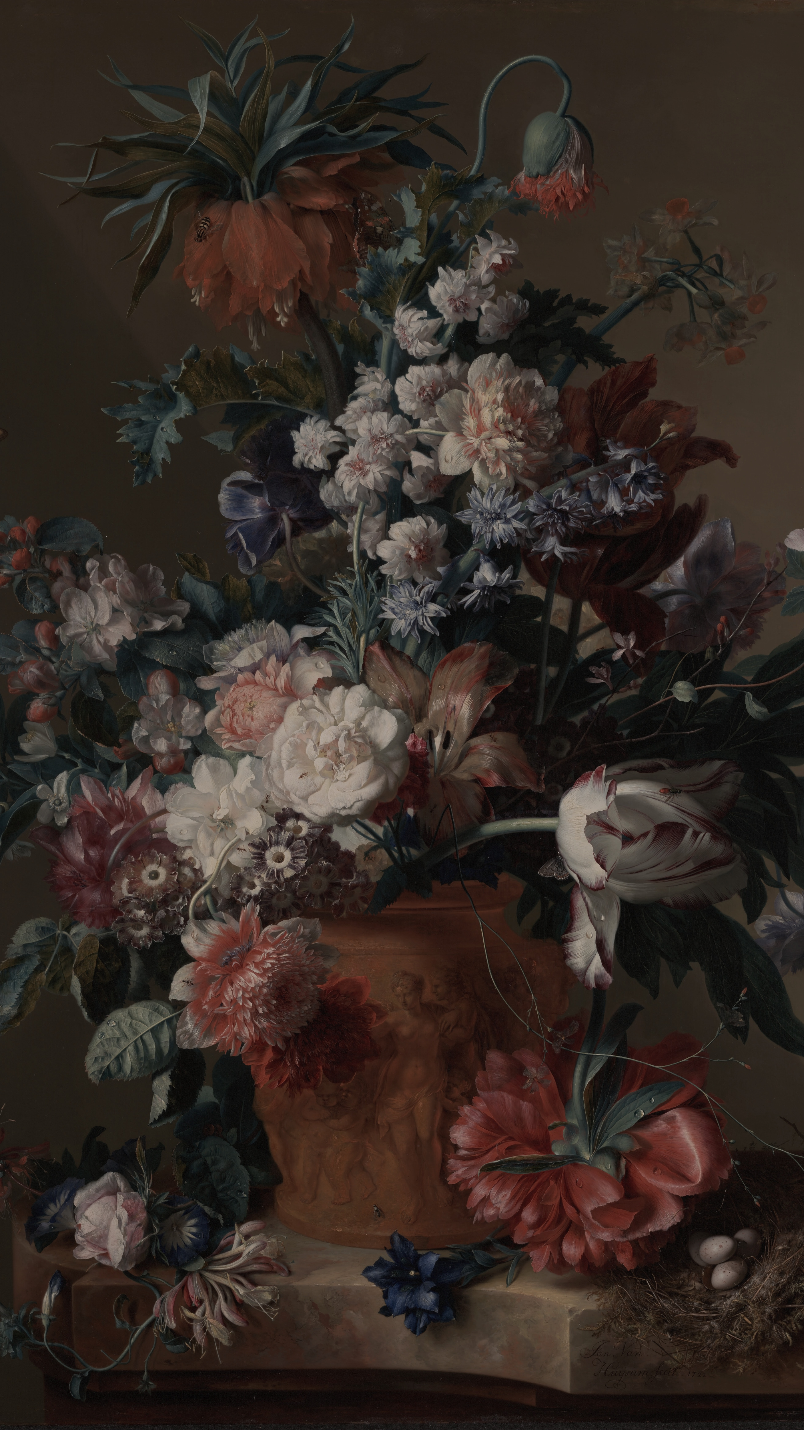 Dark academia vertical iPhone background from a painting: tall bouquet in a terracotta urn on a stone ledge, pink peonies, white roses and blue iris against a warm olive ground