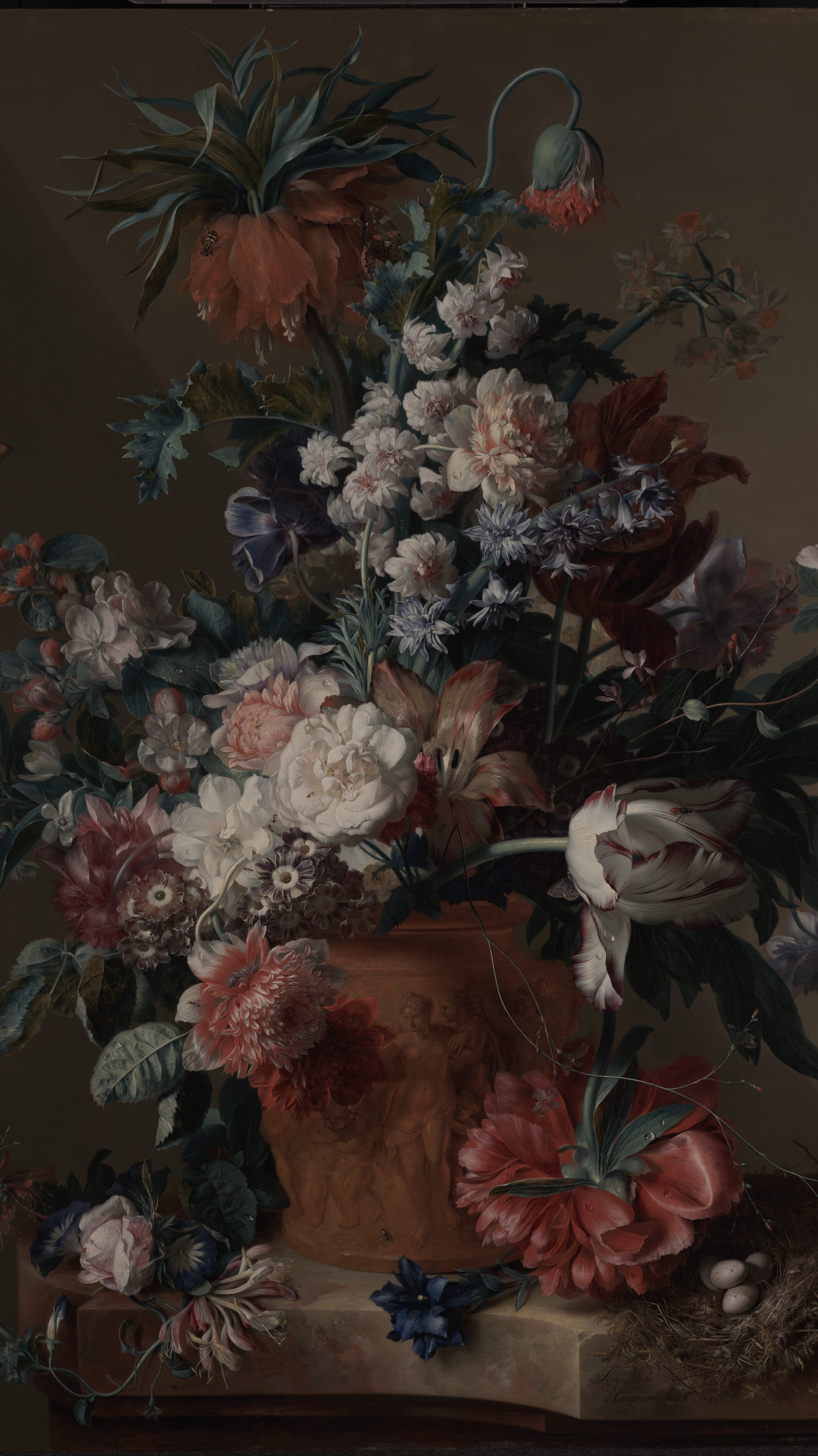 Dark academia vertical iPhone background from a painting: tall bouquet in a terracotta urn on a stone ledge, pink peonies, white roses and blue iris against a warm olive ground