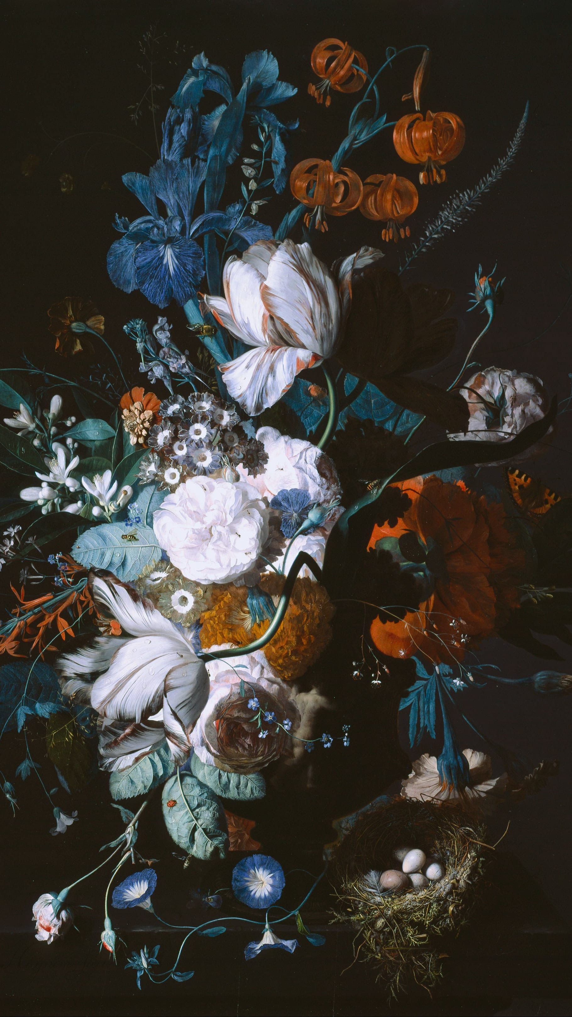 Dark academia vertical iPhone background from a painting: dense bouquet of white tulips, blue irises and orange blooms against a near-black ground, a bird’s nest with pale eggs on the ledge below
