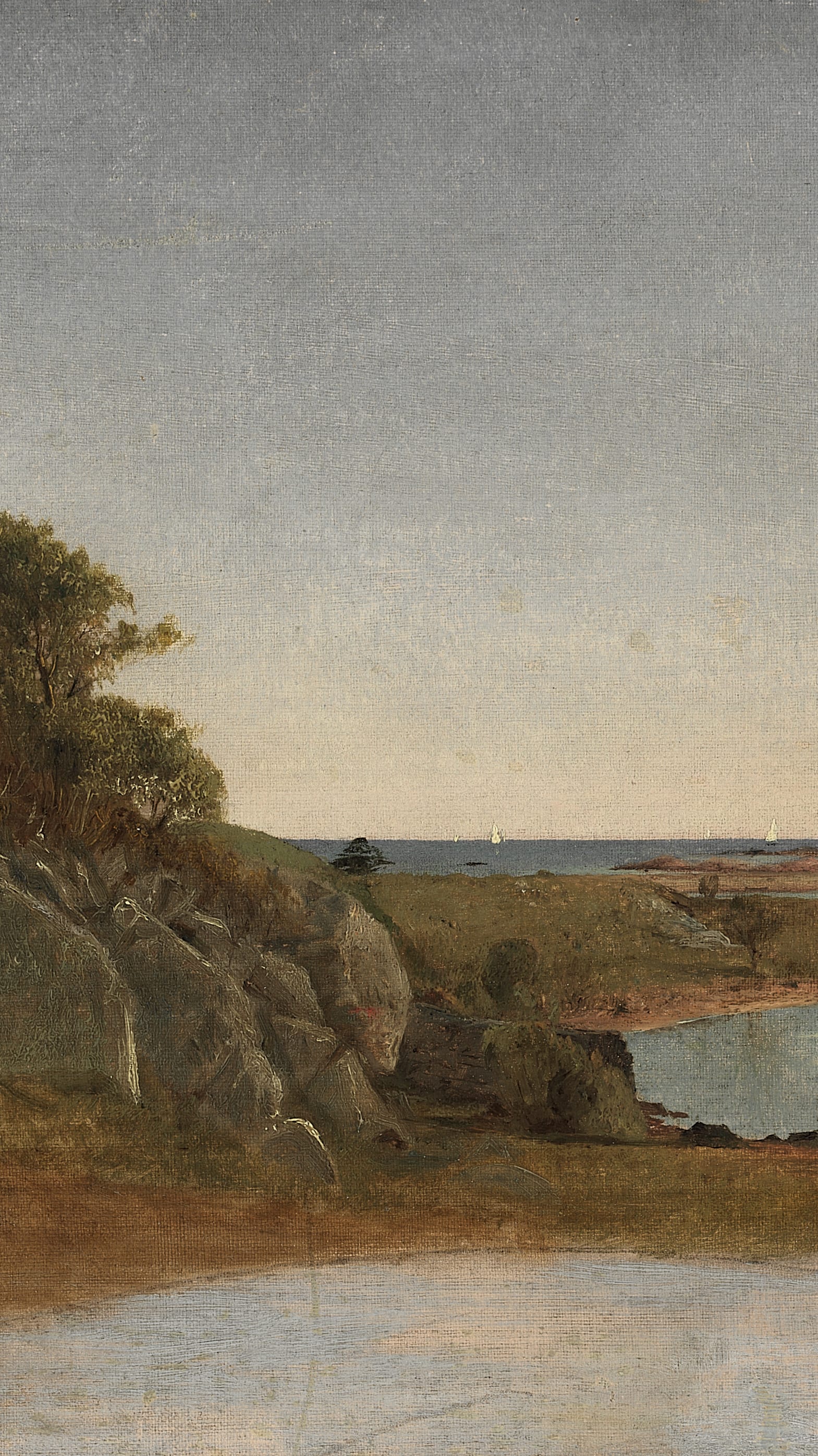 Vertical iPhone background from a painting: rocky New England shoreline with autumn trees, calm grey-blue bay, distant sailboats, muted ochre and grey palette