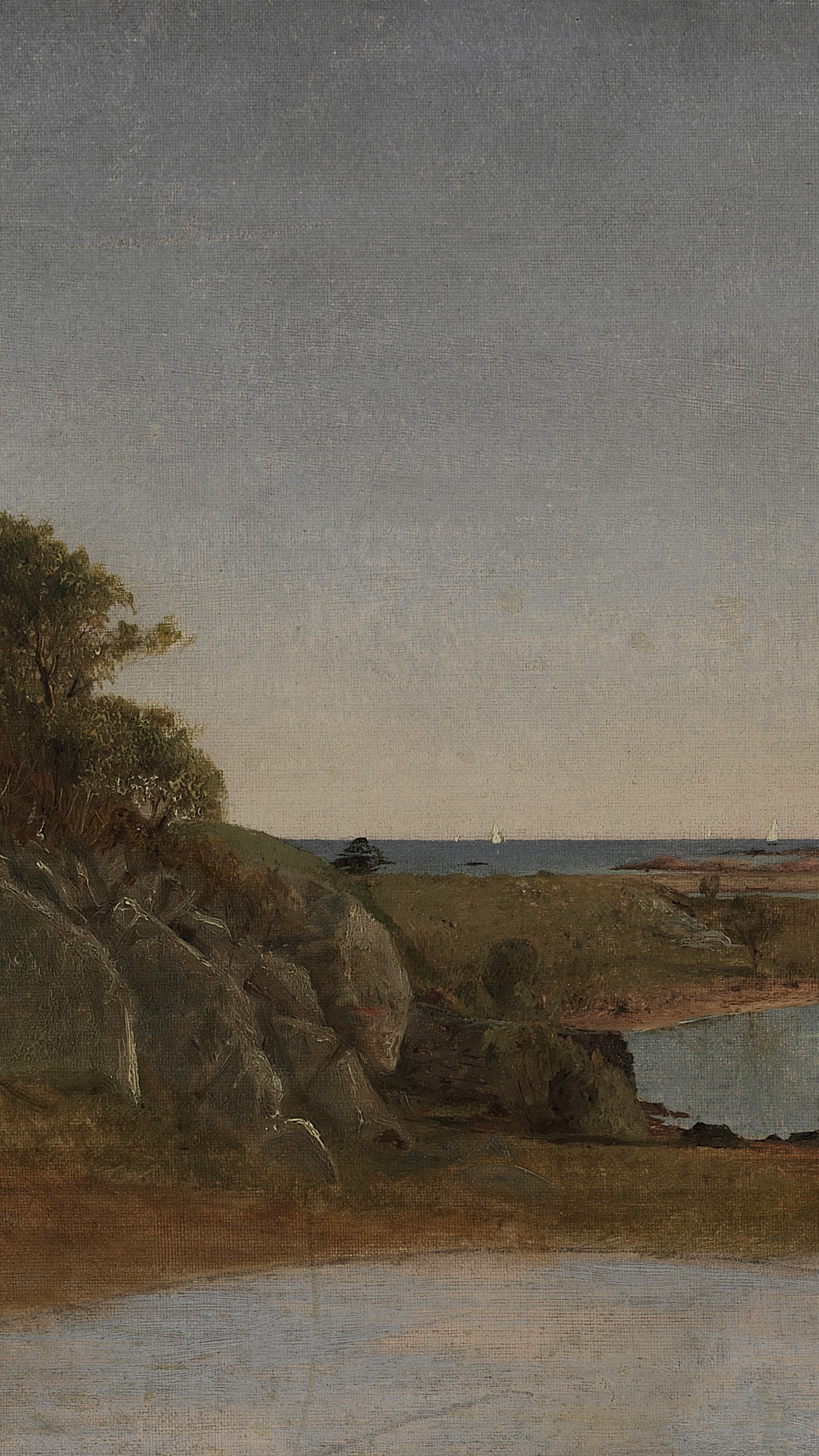 Vertical iPhone background from a painting: rocky New England shoreline with autumn trees, calm grey-blue bay, distant sailboats, muted ochre and grey palette