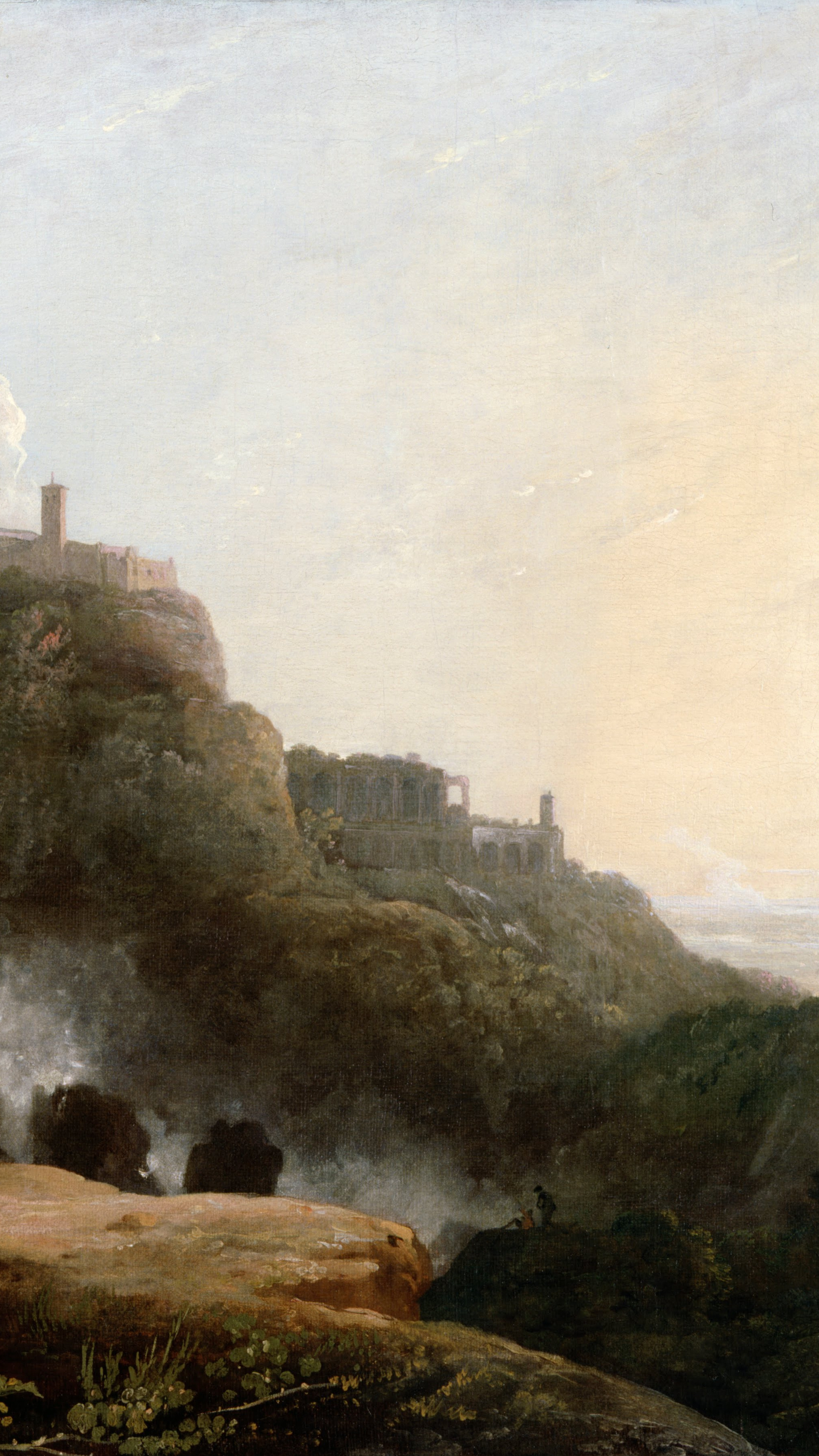 Vertical iPhone background from a painting: waterfalls dropping from a rock town with figures on the near ledge under a pale sky