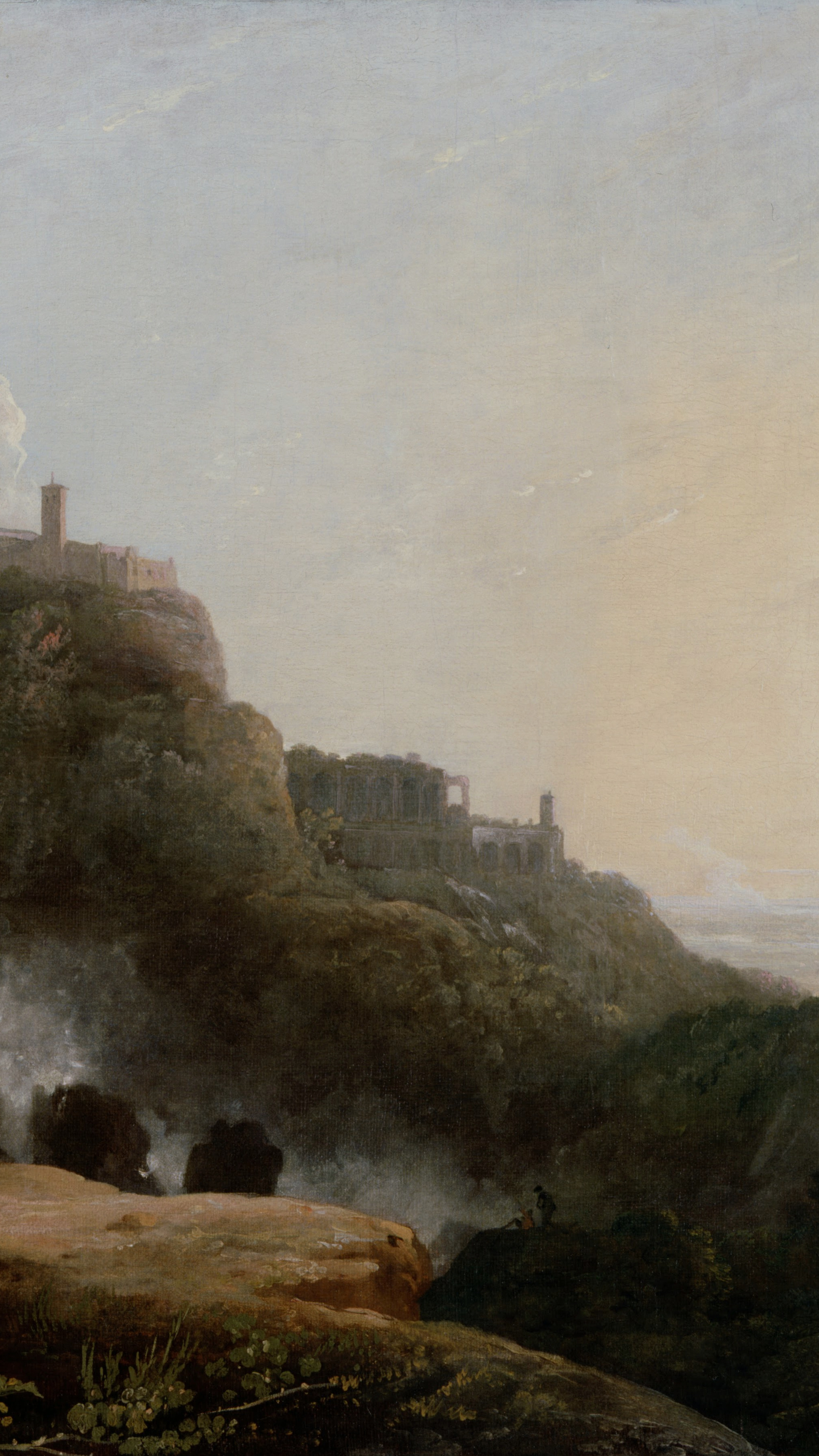 Vertical iPhone background from a painting: waterfalls dropping from a rock town with figures on the near ledge under a pale sky