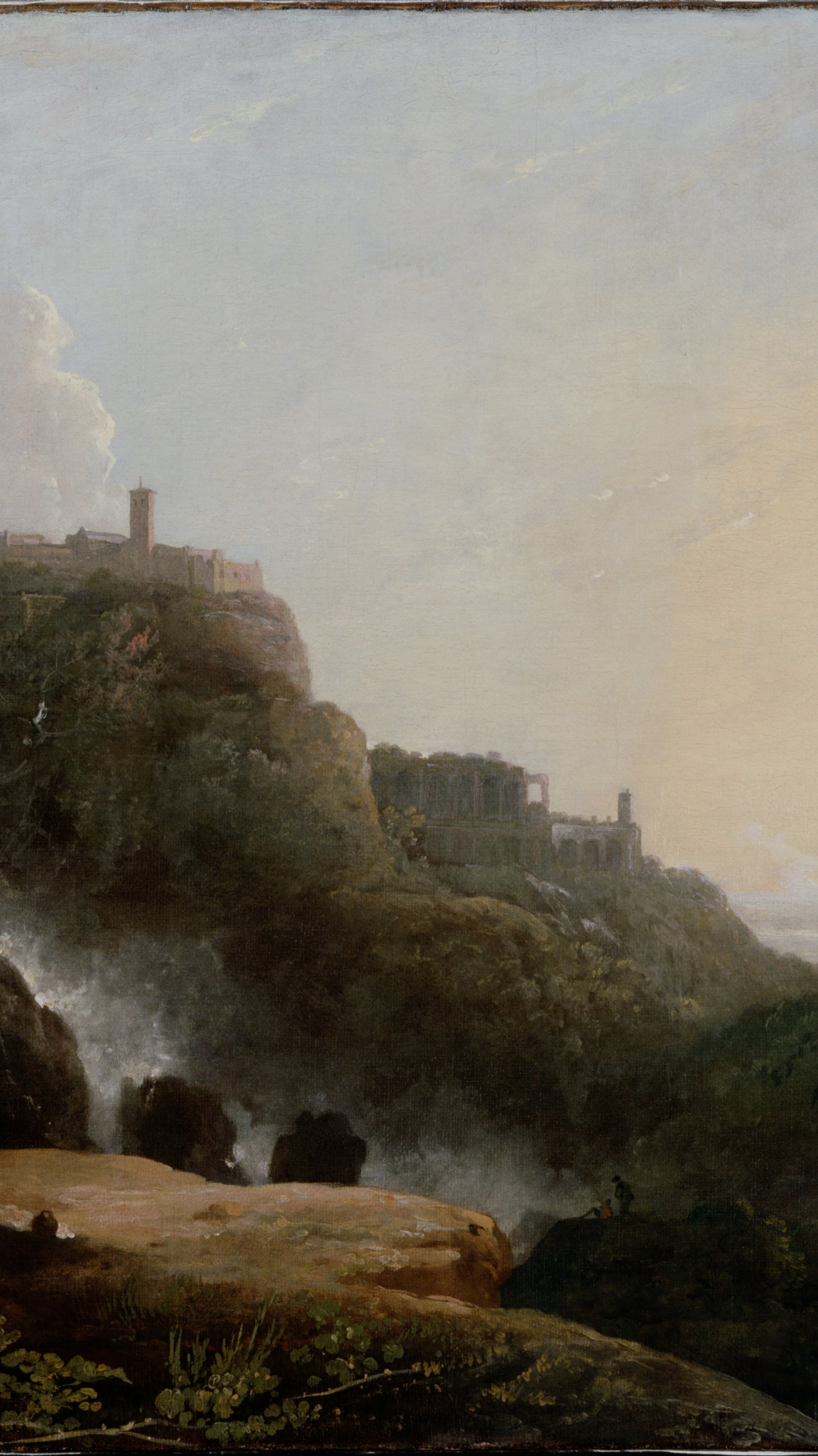 Vertical iPhone background from a painting: waterfalls dropping from a rock town with figures on the near ledge under a pale sky
