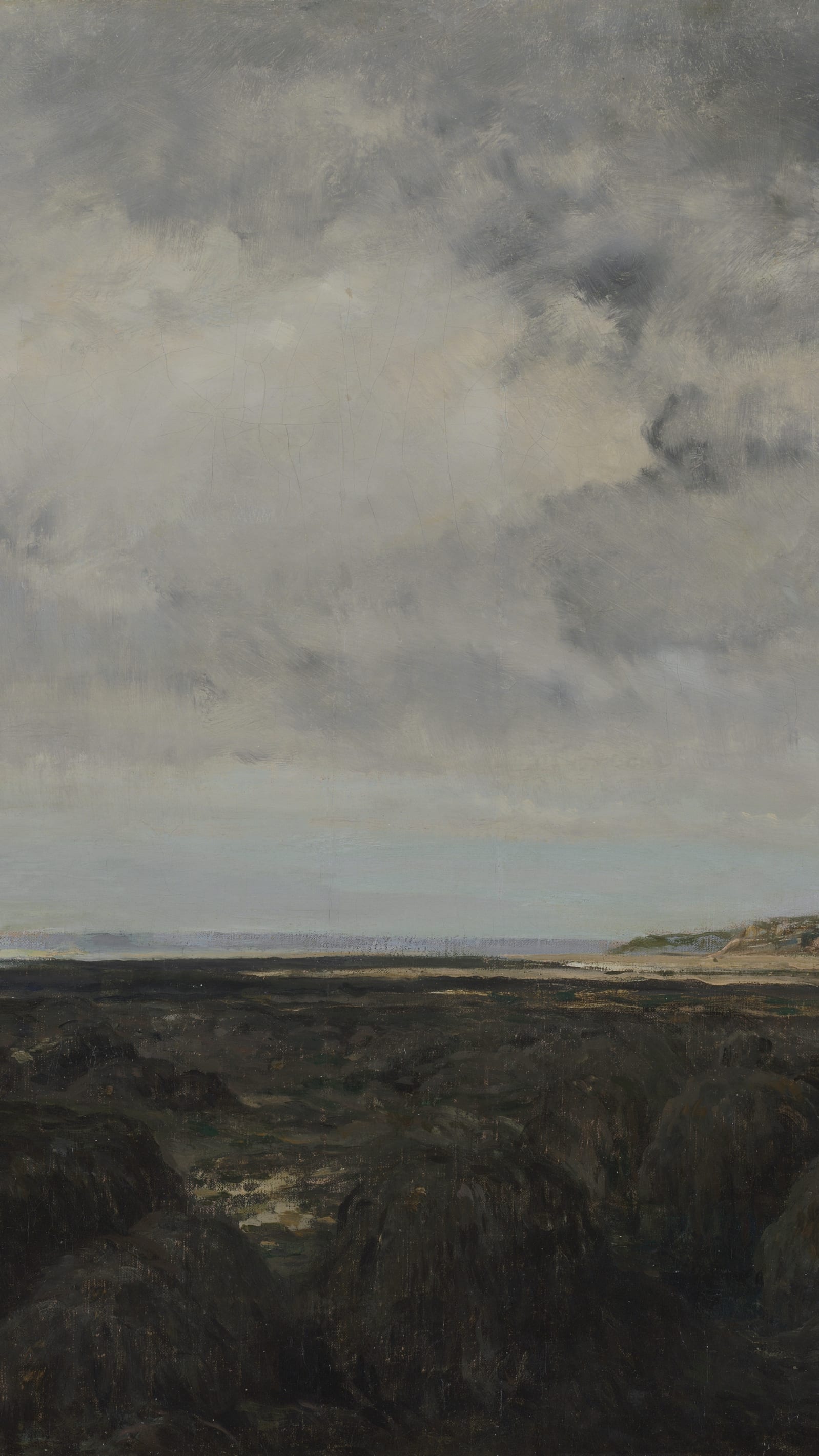 Vertical iPhone background from a painting: tall bank of grey-white cloud over a pale sea horizon, a thin strip of lit beach and dark heathland filling the foreground