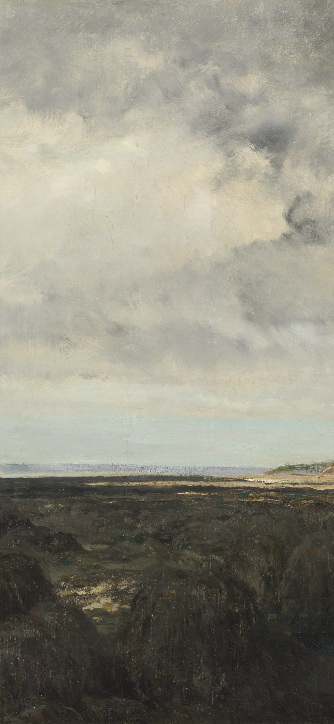 Vertical iPhone background from a painting: tall bank of grey-white cloud over a pale sea horizon, a thin strip of lit beach and dark heathland filling the foreground