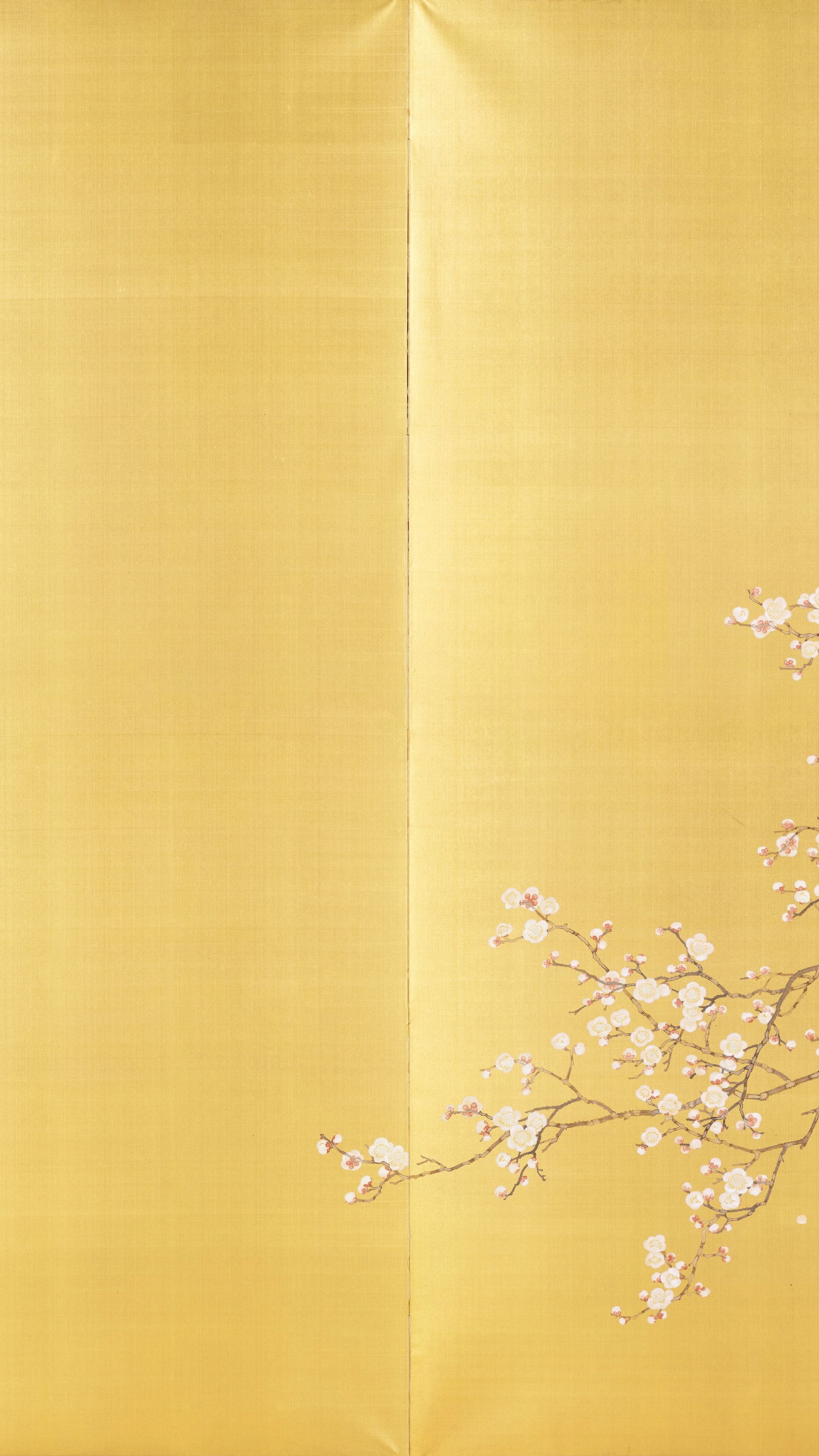 Vertical iPhone background from a Japanese screen painting: a broad field of gold leaf marked by faint panel seams, white plum blossom on dark crooked branches entering low at the right