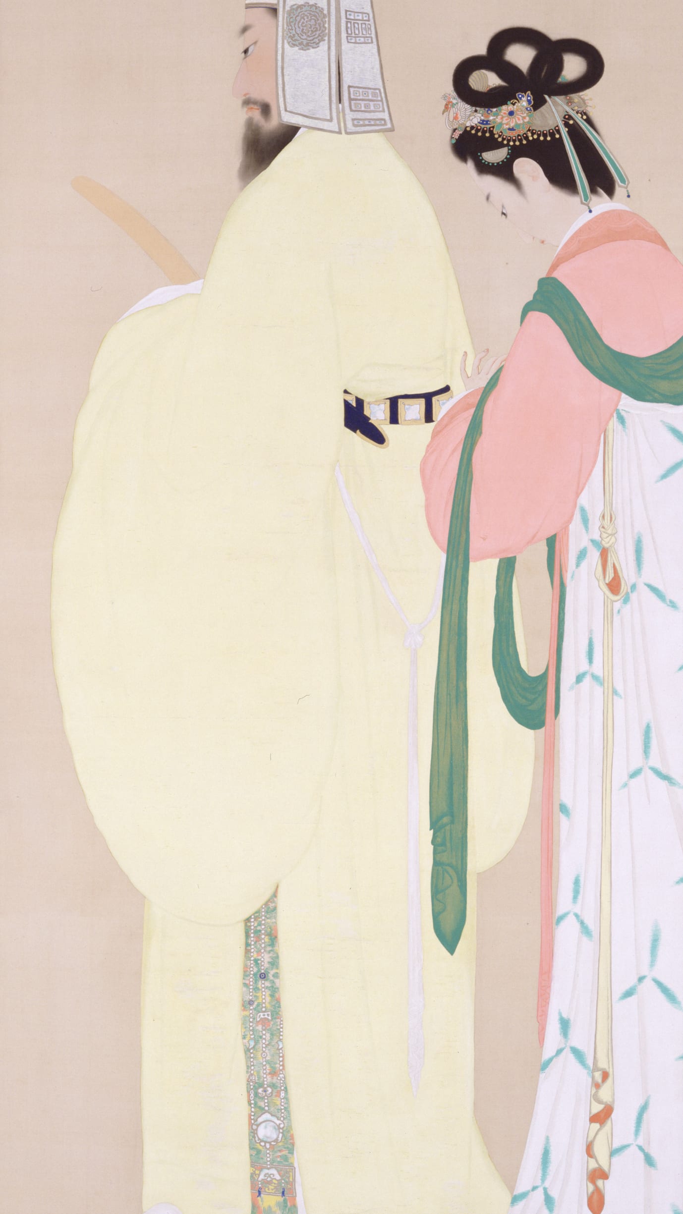 Vertical iPhone background from a Japanese painting: a bearded man in a pale yellow court robe and tall black cap standing on bare warm silk, a woman beside him in coral and green with an ornamented black headdress, her white robe scattered with small leaf shapes