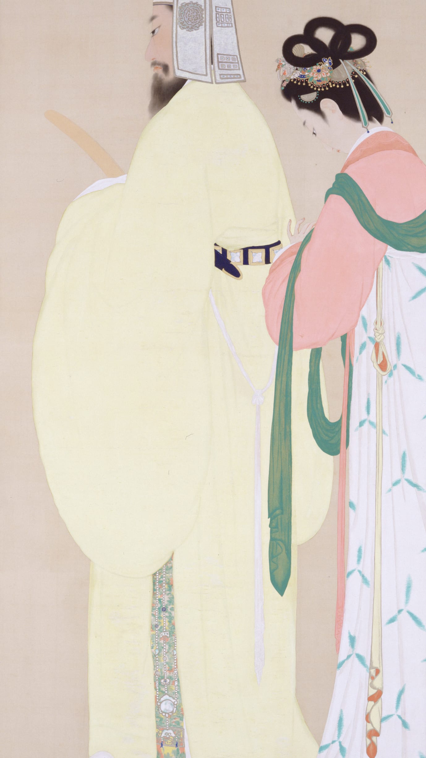 Vertical iPhone background from a Japanese painting: a bearded man in a pale yellow court robe and tall black cap standing on bare warm silk, a woman beside him in coral and green with an ornamented black headdress, her white robe scattered with small leaf shapes