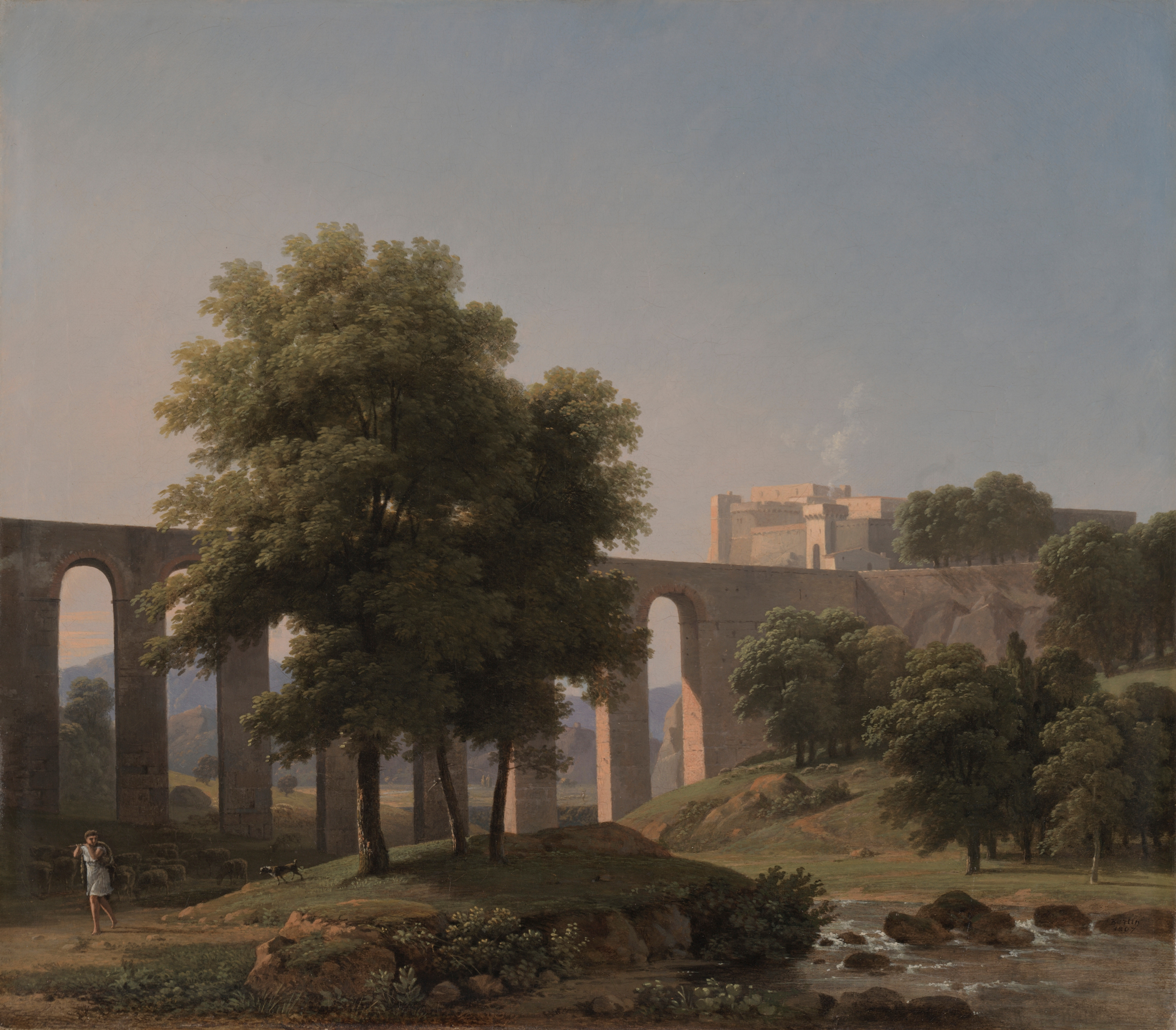 French painting desktop wallpaper from a painting: An Aqueduct Near a Fortress, Jean-Victor Bertin, 1807 — Cleveland Museum of Art