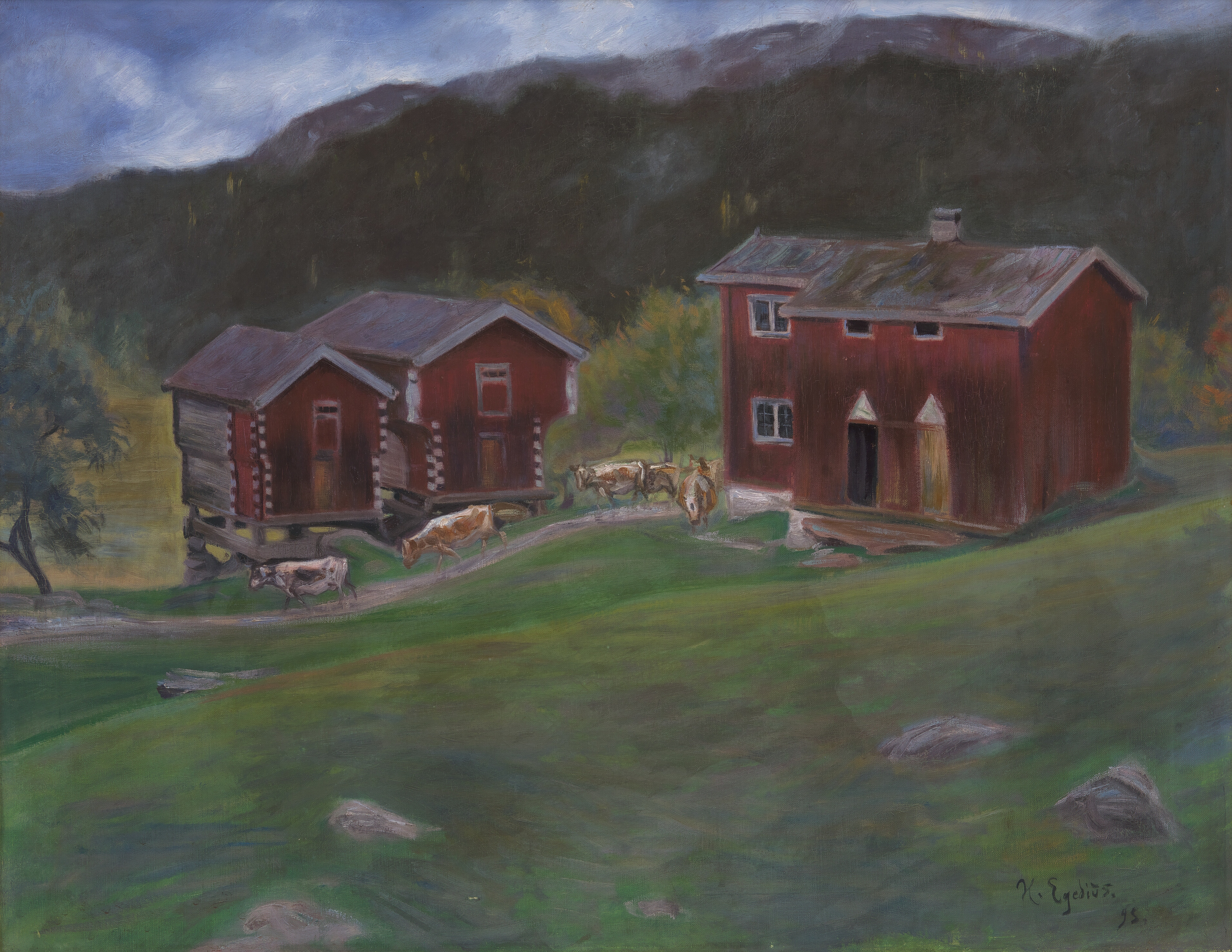 Dark landscape desktop wallpaper from a painting: Bondegården Åse i Telemarken, Norge, Halfdan Egedius, 1893 — SMK, National Gallery of Denmark
