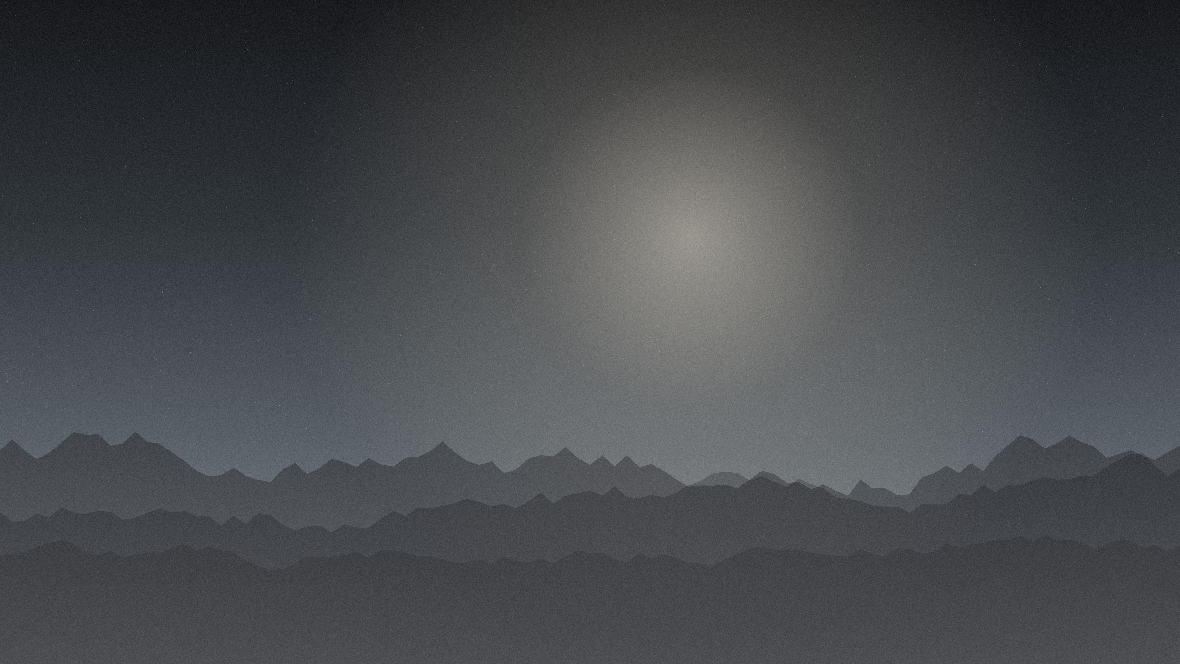 Minimalist grey desktop wallpaper: flat ash ridgelines under an overcast glow, no colour cast