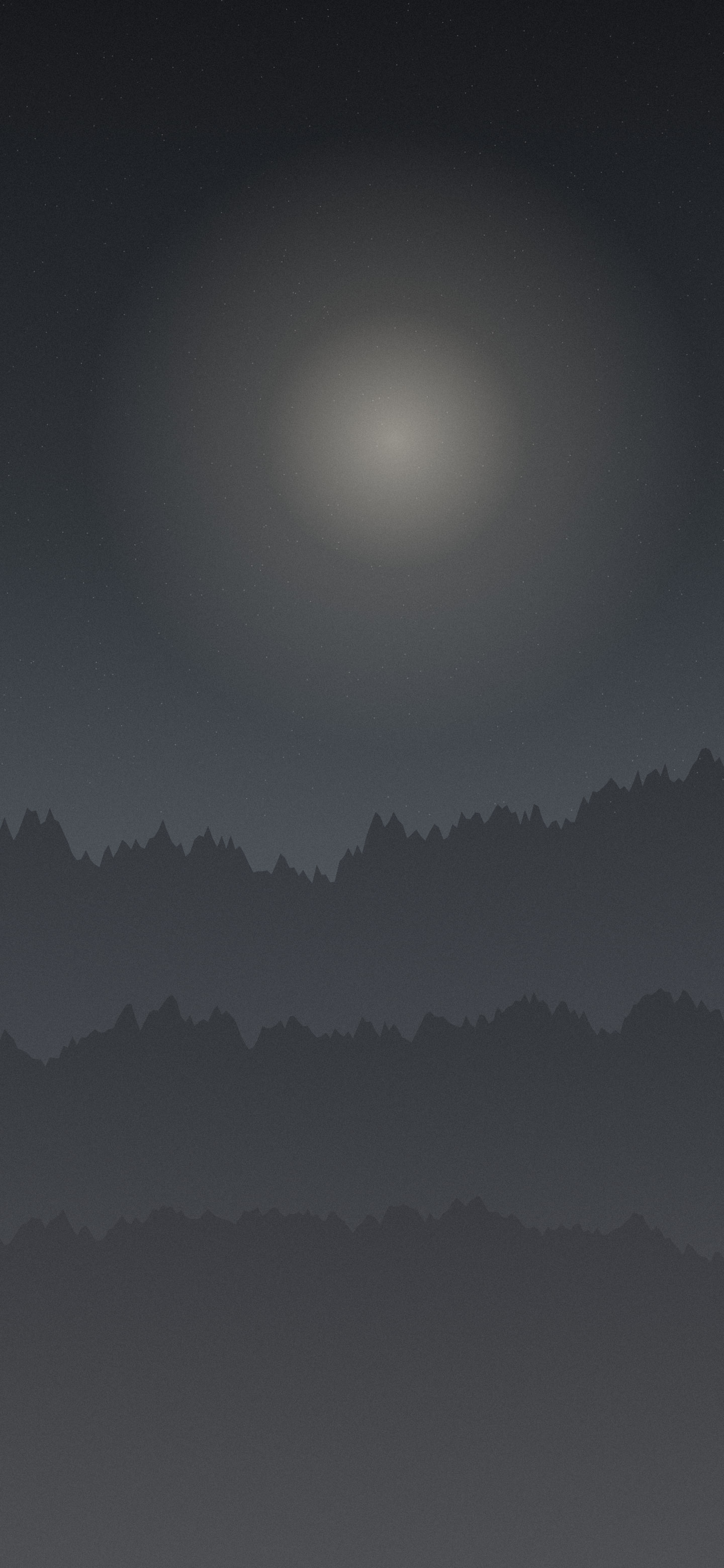 Minimalist grey phone wallpaper: flat ash ridgelines under an overcast glow, no colour cast