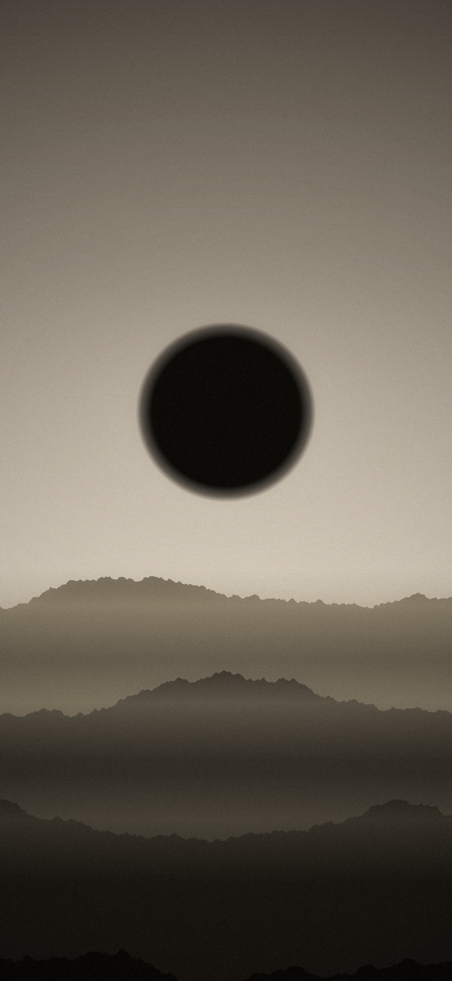 Bone-coloured phone wallpaper: a black disc standing in a pale sky above layered ridgelines in haze