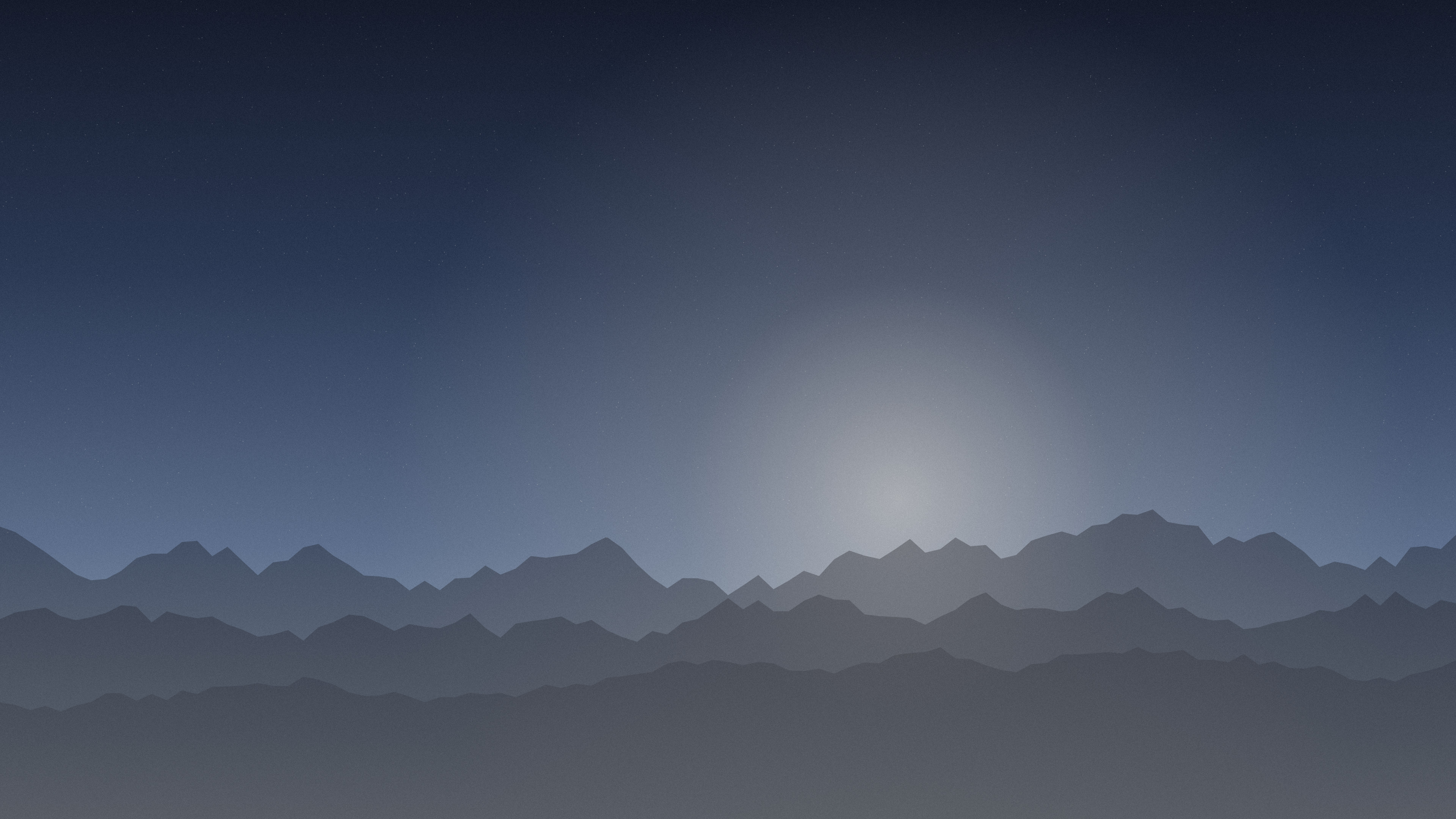Blue gradient desktop wallpaper: steel-blue ridgelines under a diffuse light, deep navy sky