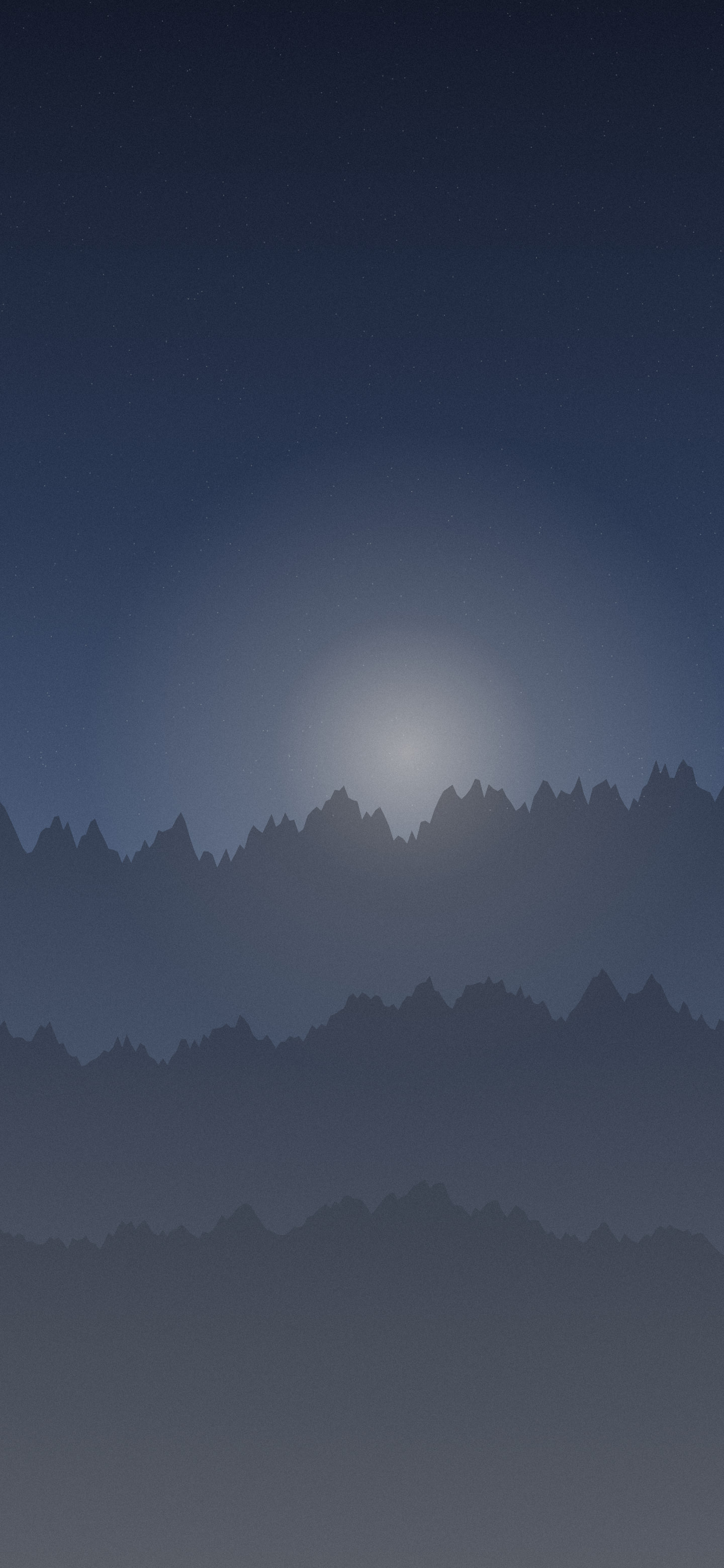 Blue gradient phone wallpaper: steel-blue ridgelines under a diffuse light, deep navy sky