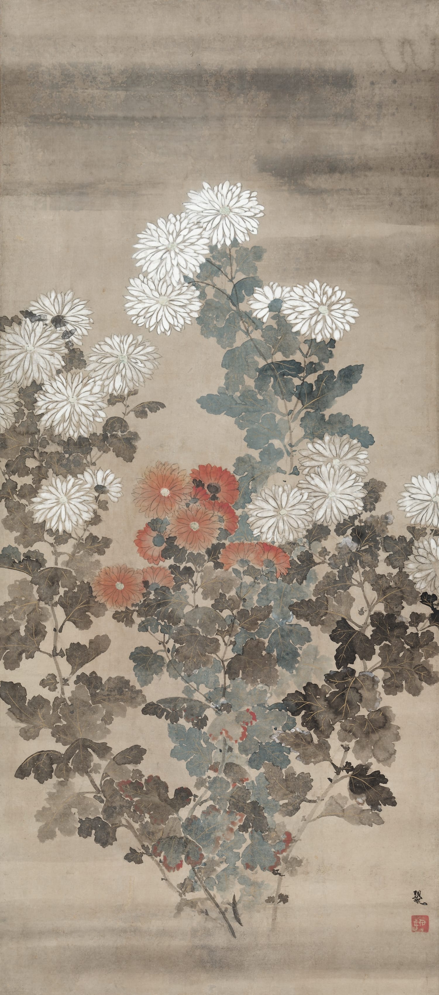 Bright floral phone wallpaper from a painting: Chrysanthemums, Kitagawa Sōsetsu, mid 1600s — Cleveland Museum of Art