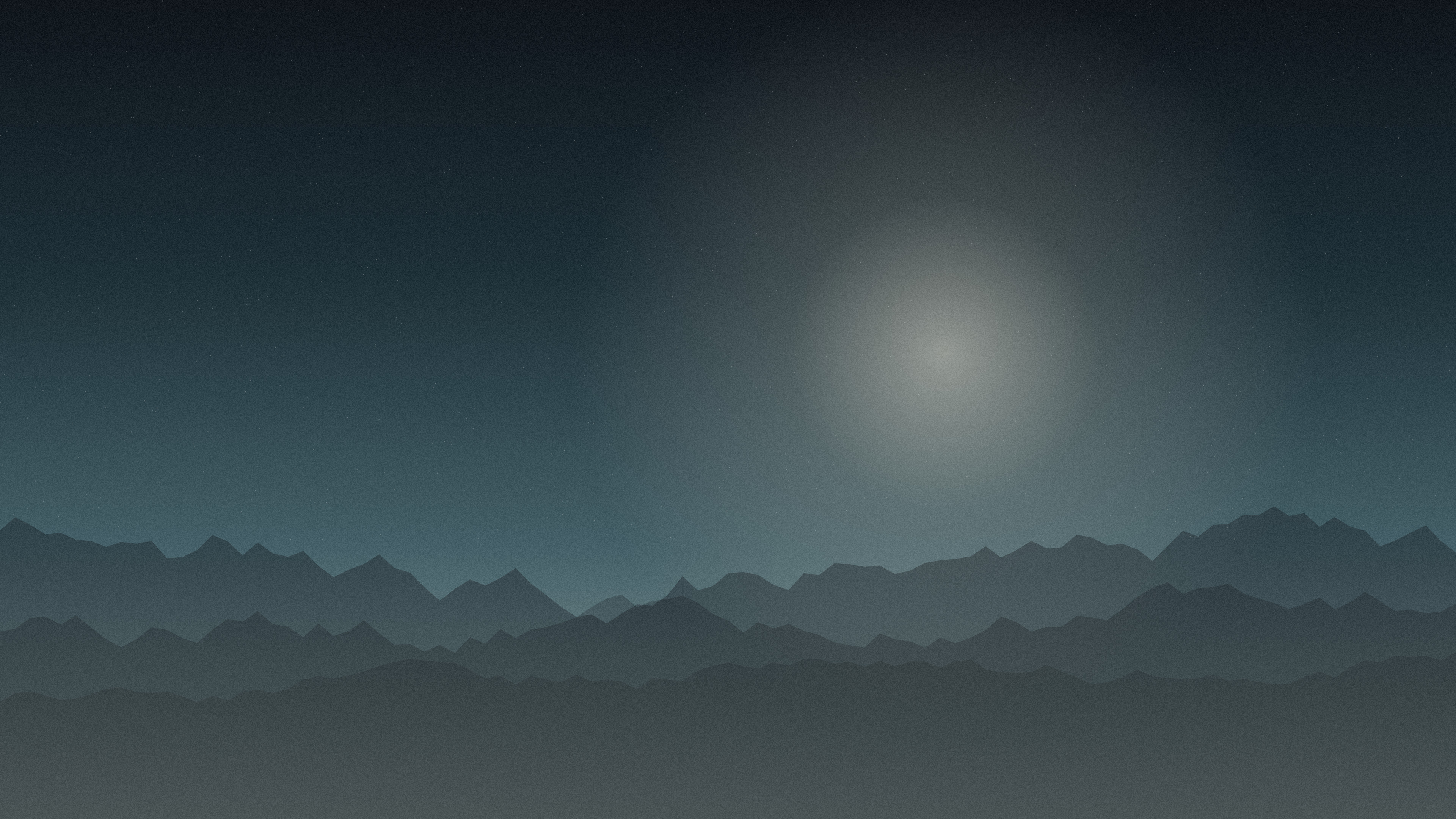 Teal gradient desktop wallpaper: cold slate ridgelines under a pale haze, near-black at the top