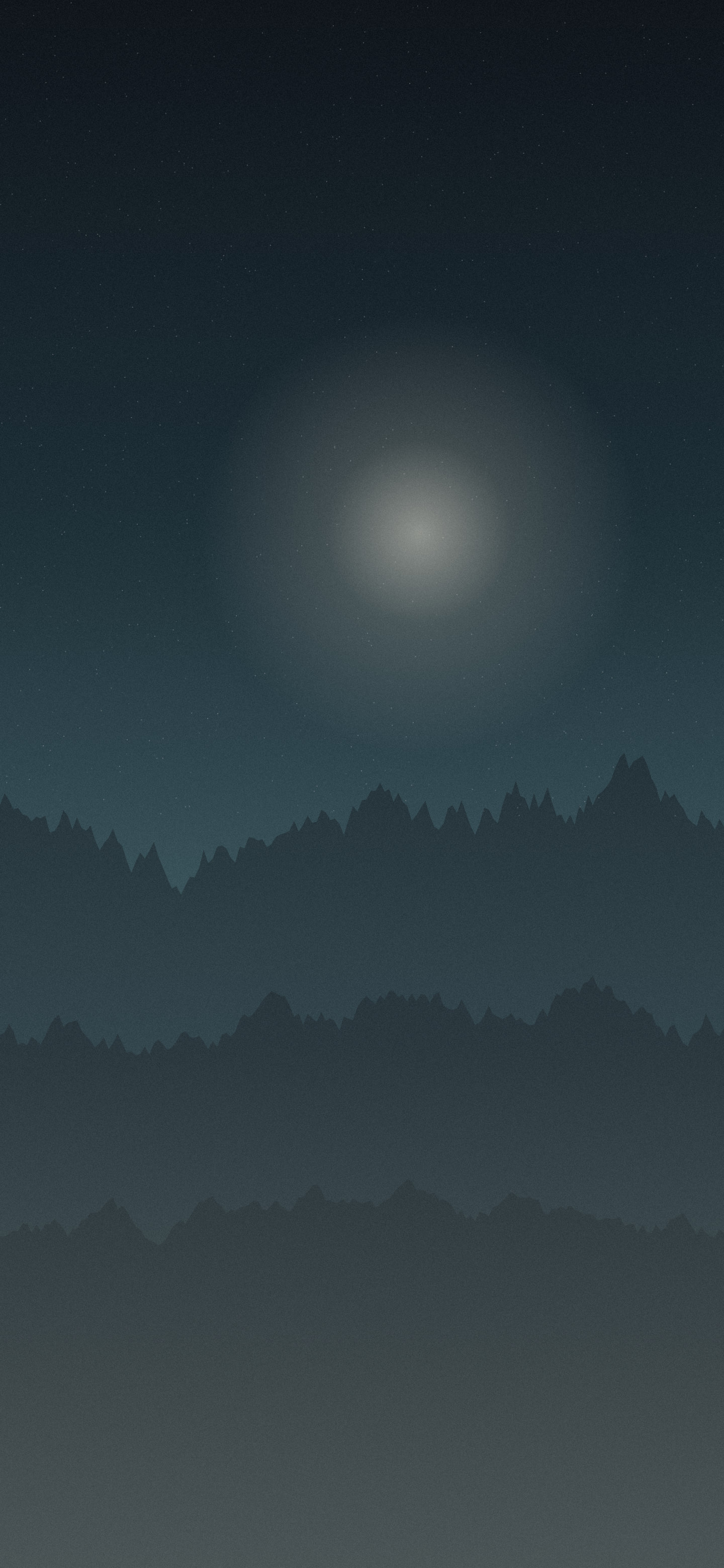 Teal gradient phone wallpaper: cold slate ridgelines under a pale haze, near-black at the top