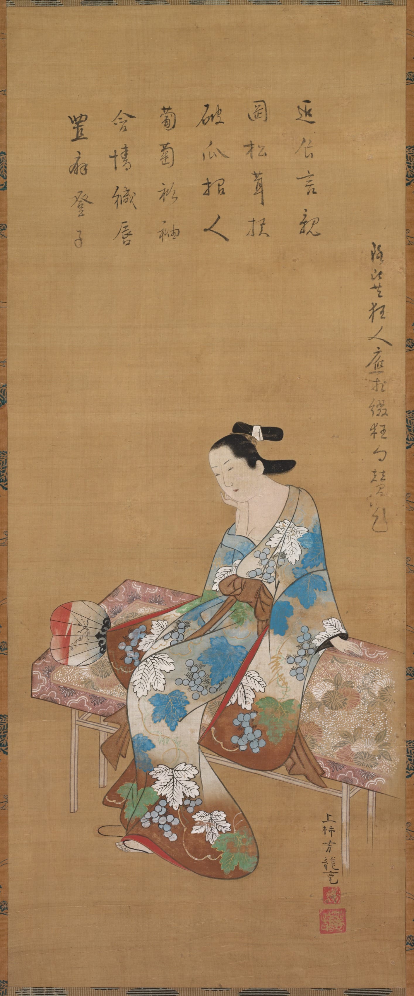 Seascape phone wallpaper from a painting: Courtesan Seated on a Bench Enjoying the Evening Cool in Summer, Kamigaki Hōryū, 1615–1868 — Cleveland Museum of Art