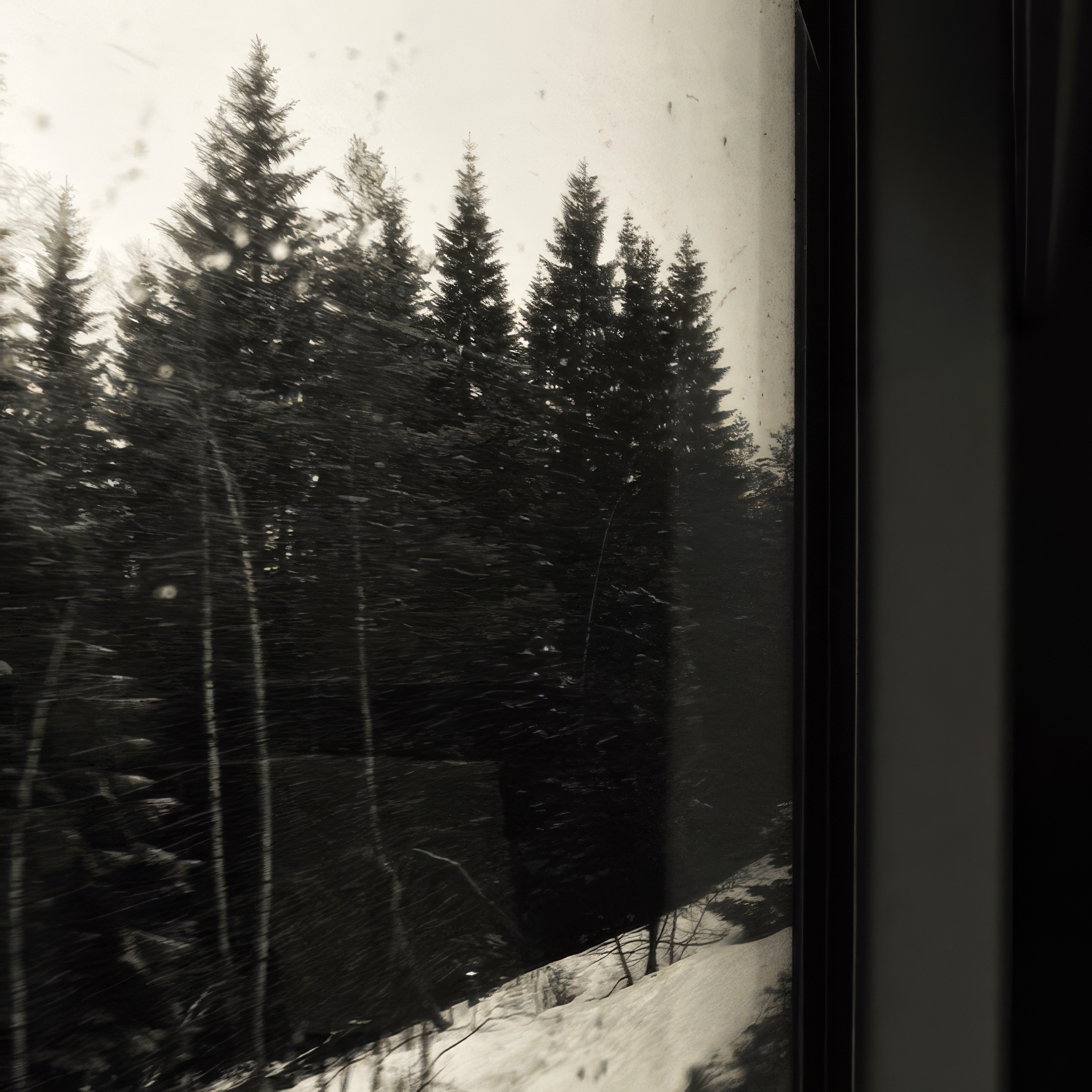 Phone wallpaper photo: dark pine trees seen through a train window in fading light