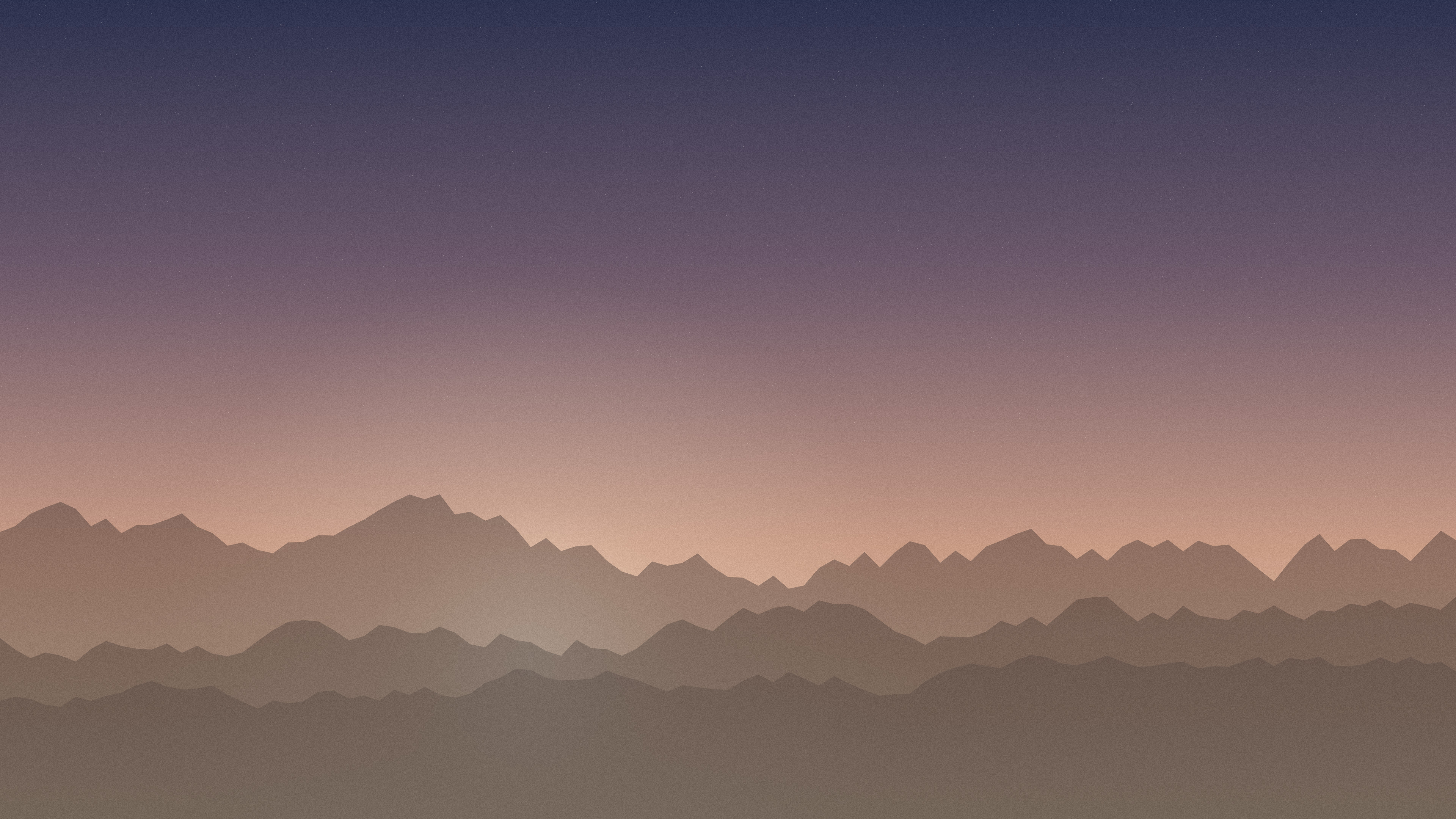 Dark gradient desktop wallpaper: layered ridgelines under a low glow, muted purple fading to clay