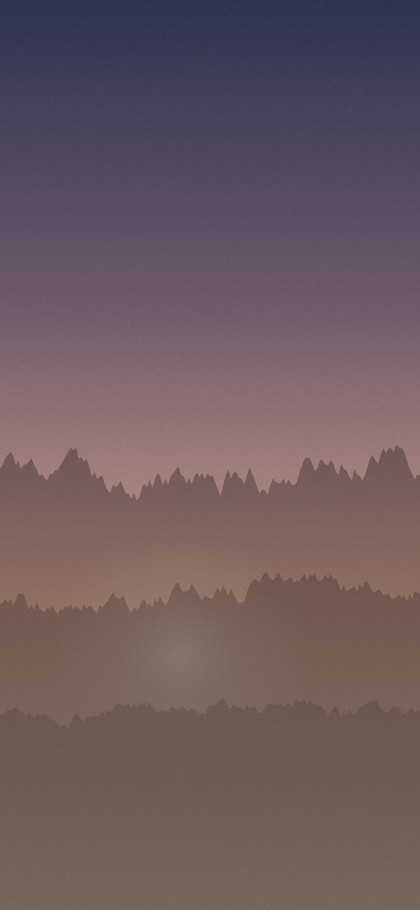 Dark gradient phone wallpaper: layered ridgelines under a low glow, muted purple fading to clay
