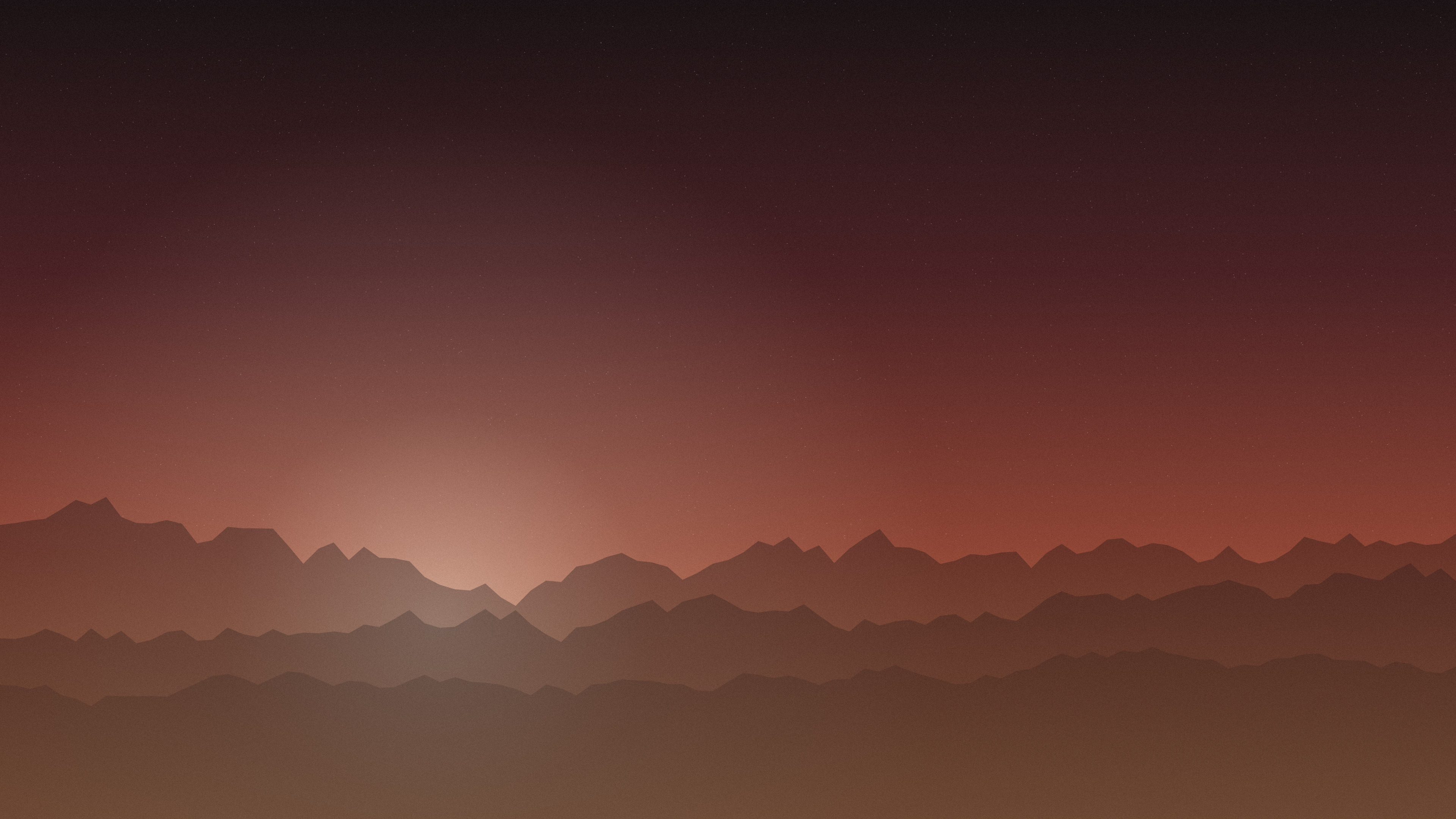 Dark orange gradient desktop wallpaper: ember-lit ridgelines rising from near-black into rust