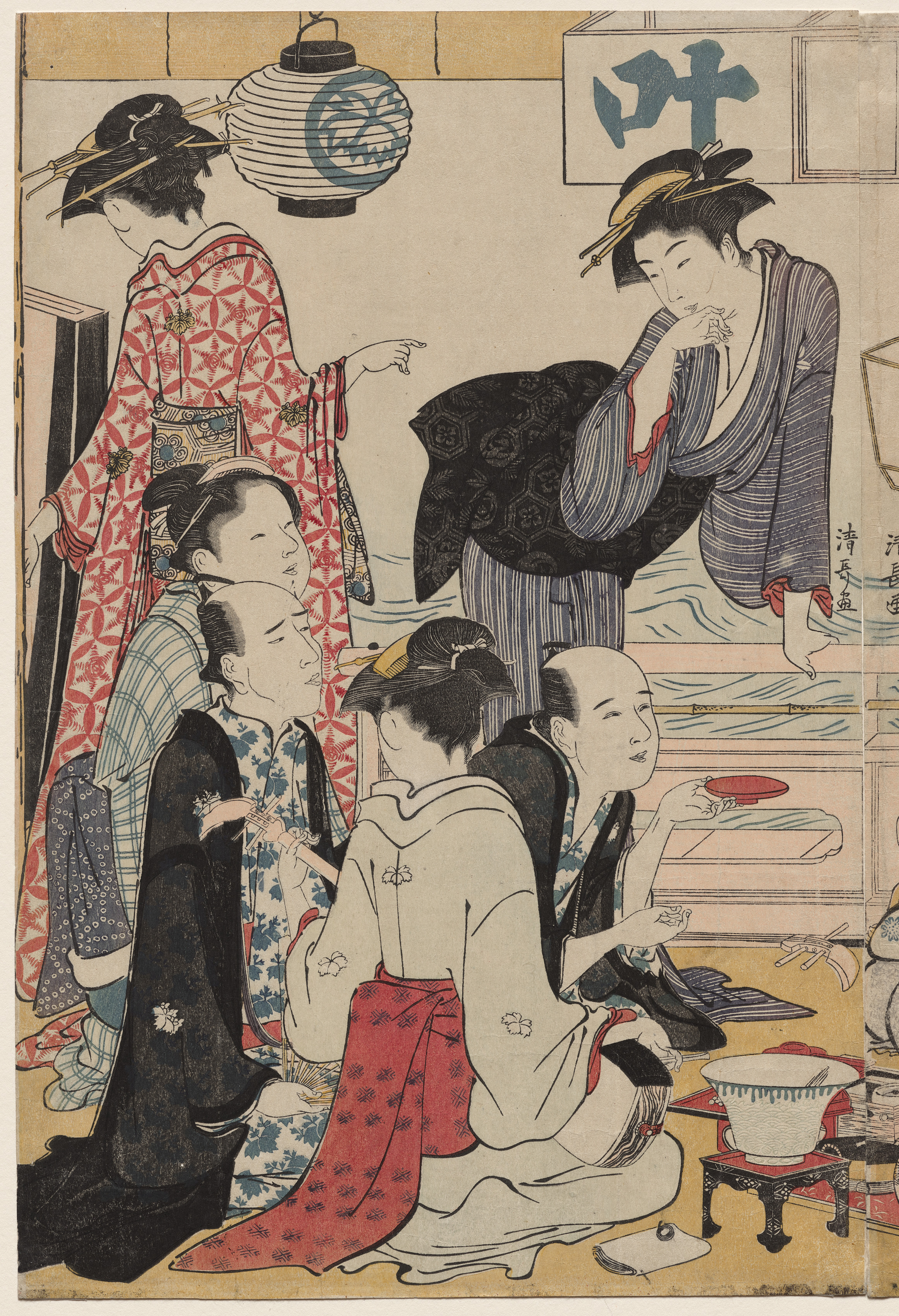 River landscape phone wallpaper from a print: Entertainment on a Balcony by the Water at Nakasu, Torii Kiyonaga, 1783 — Cleveland Museum of Art