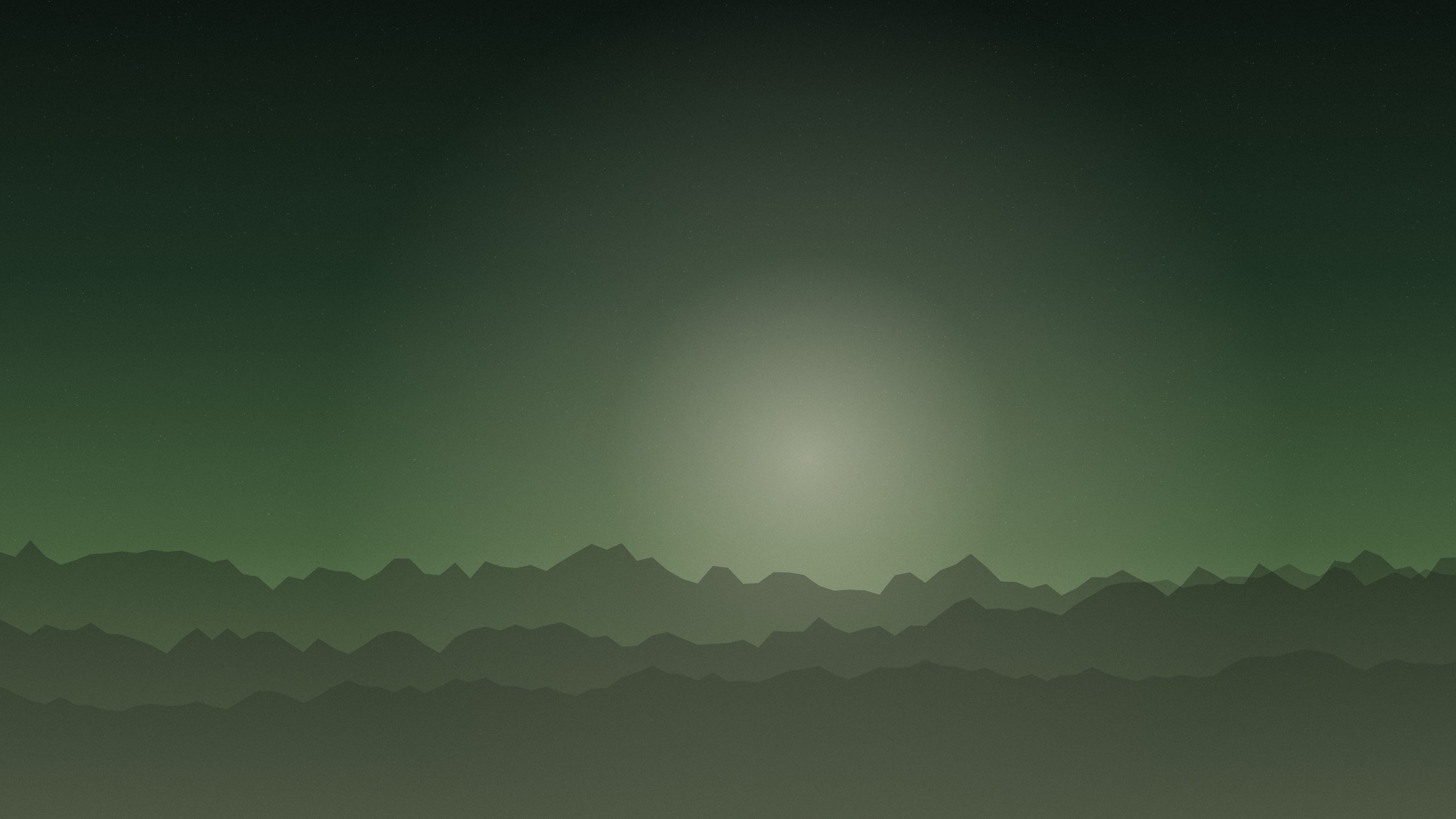 Dark green gradient desktop wallpaper: fern-toned ridgelines under a muted light, deep forest sky
