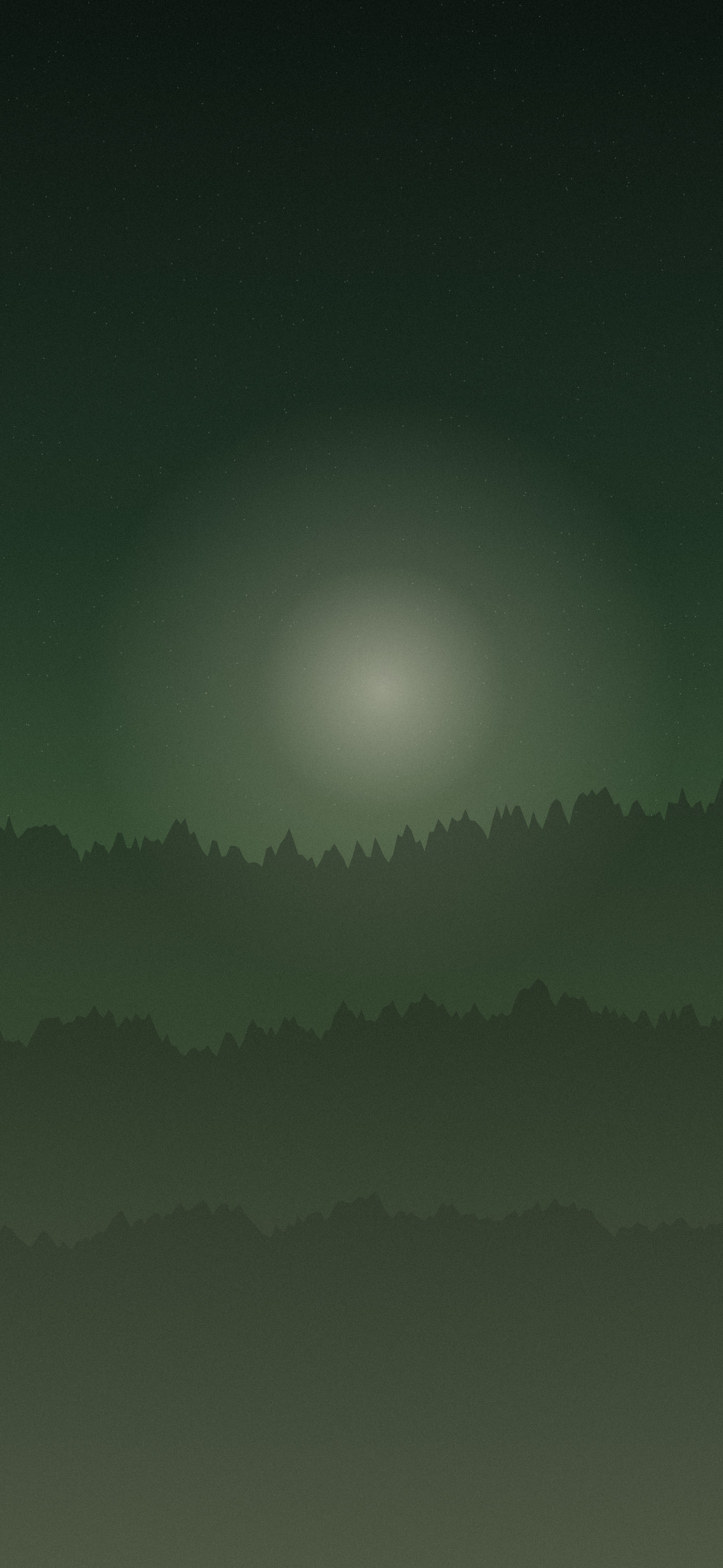 Dark green gradient phone wallpaper: fern-toned ridgelines under a muted light, deep forest sky
