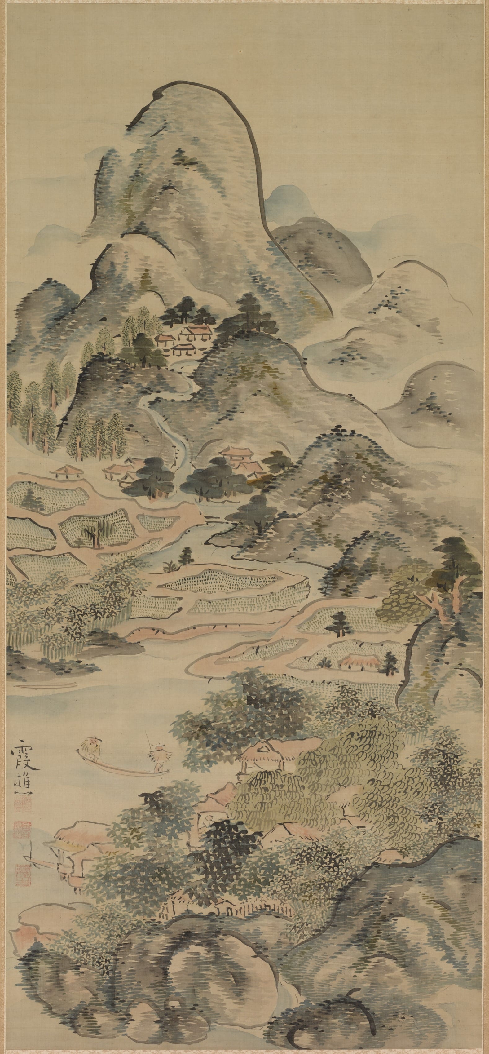 Landscape phone wallpaper from a painting: Fishing in a Springtime Valley, Ike Taiga, 1700s — Cleveland Museum of Art