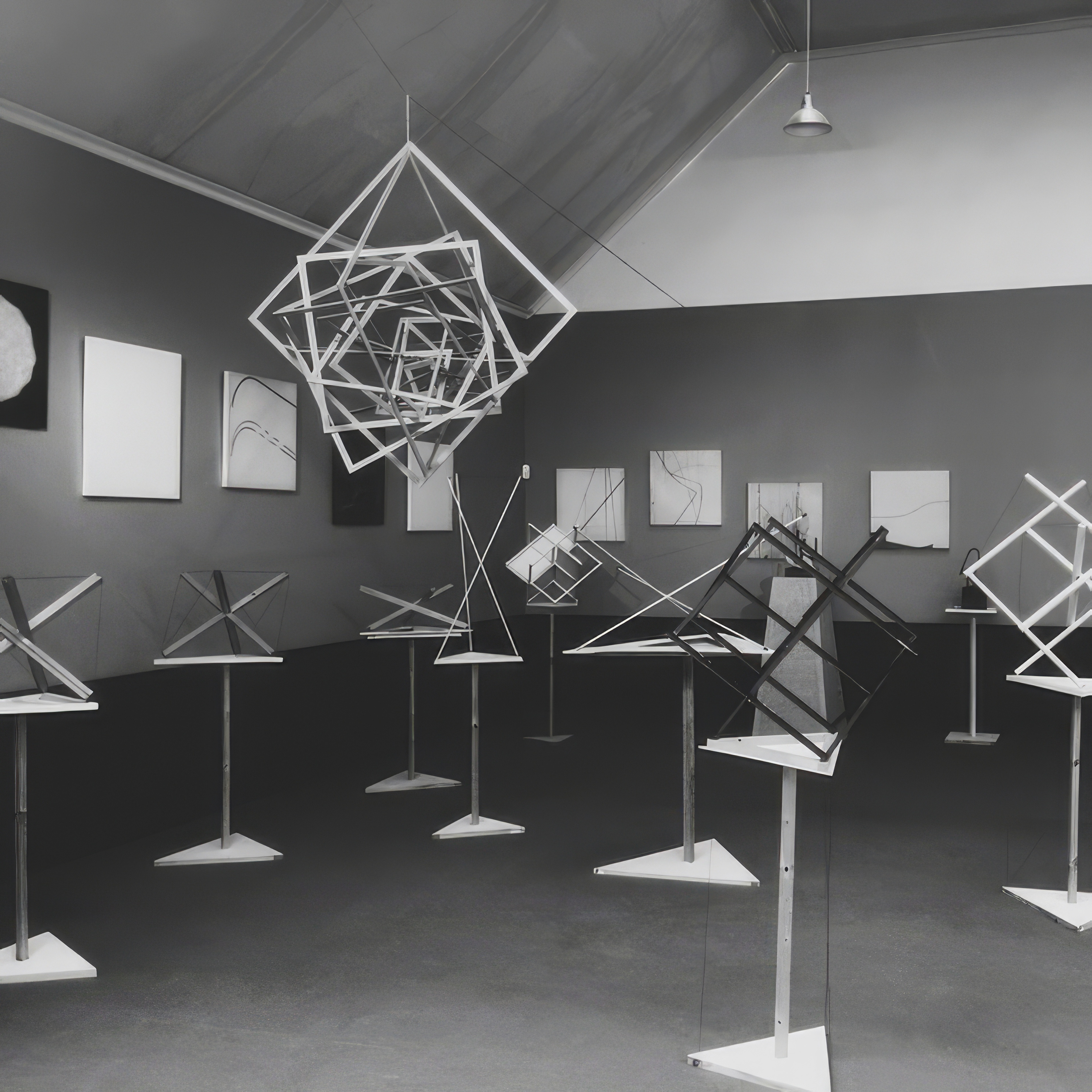 Phone wallpaper photo: a geometric wireframe sculpture hanging in a minimalist gallery, black and white